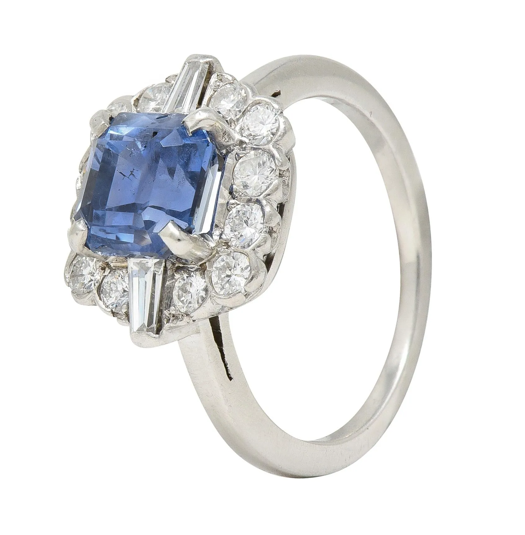 Mid-Century 2.78 CTW No Heat Ceylon Sapphire Diamond Platinum Vintage Cluster Ring GIA