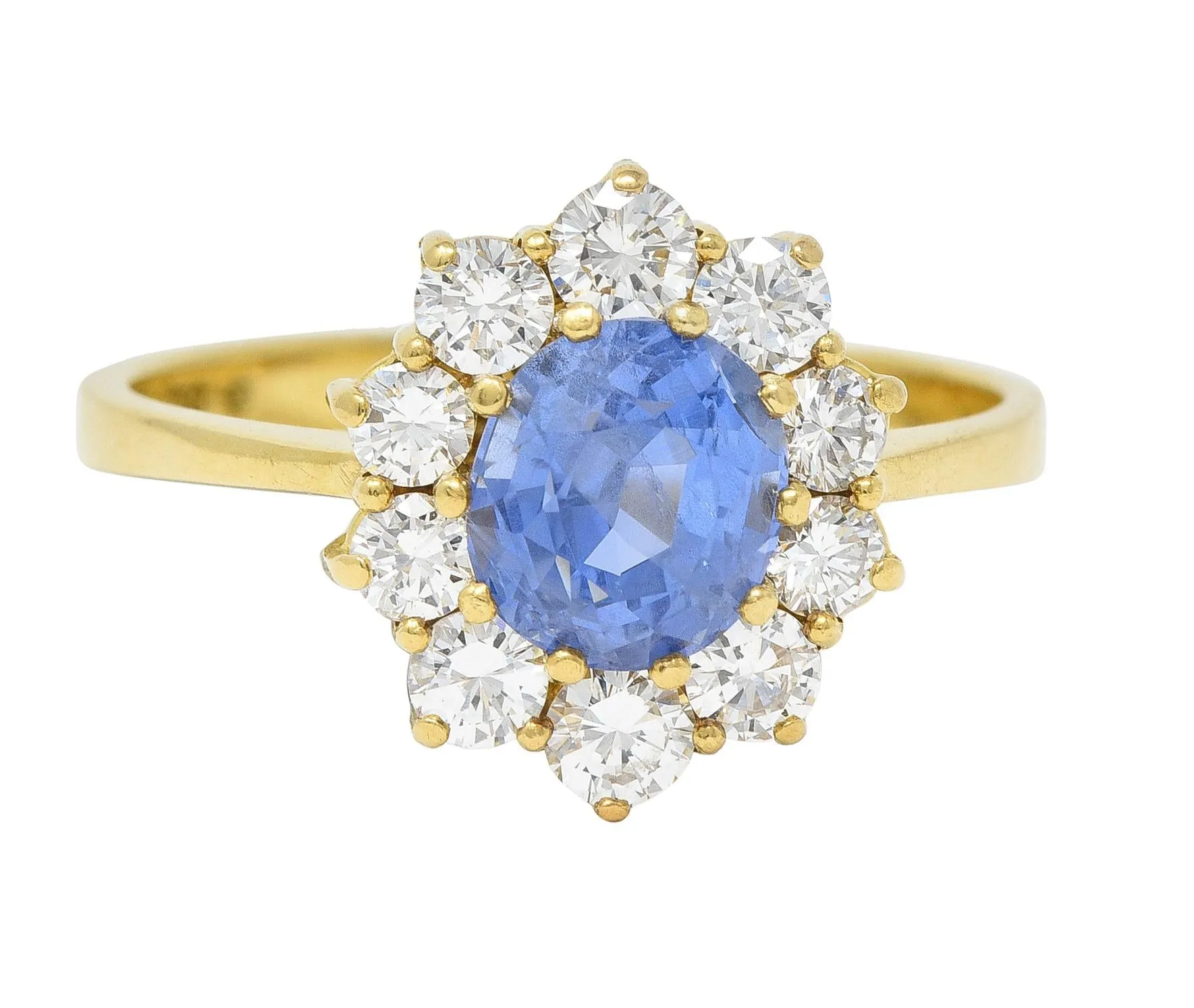 Mid-Century 2.98 CTW No Heat Ceylon Sapphire Diamond 18 Karat Gold Halo Ring GIA