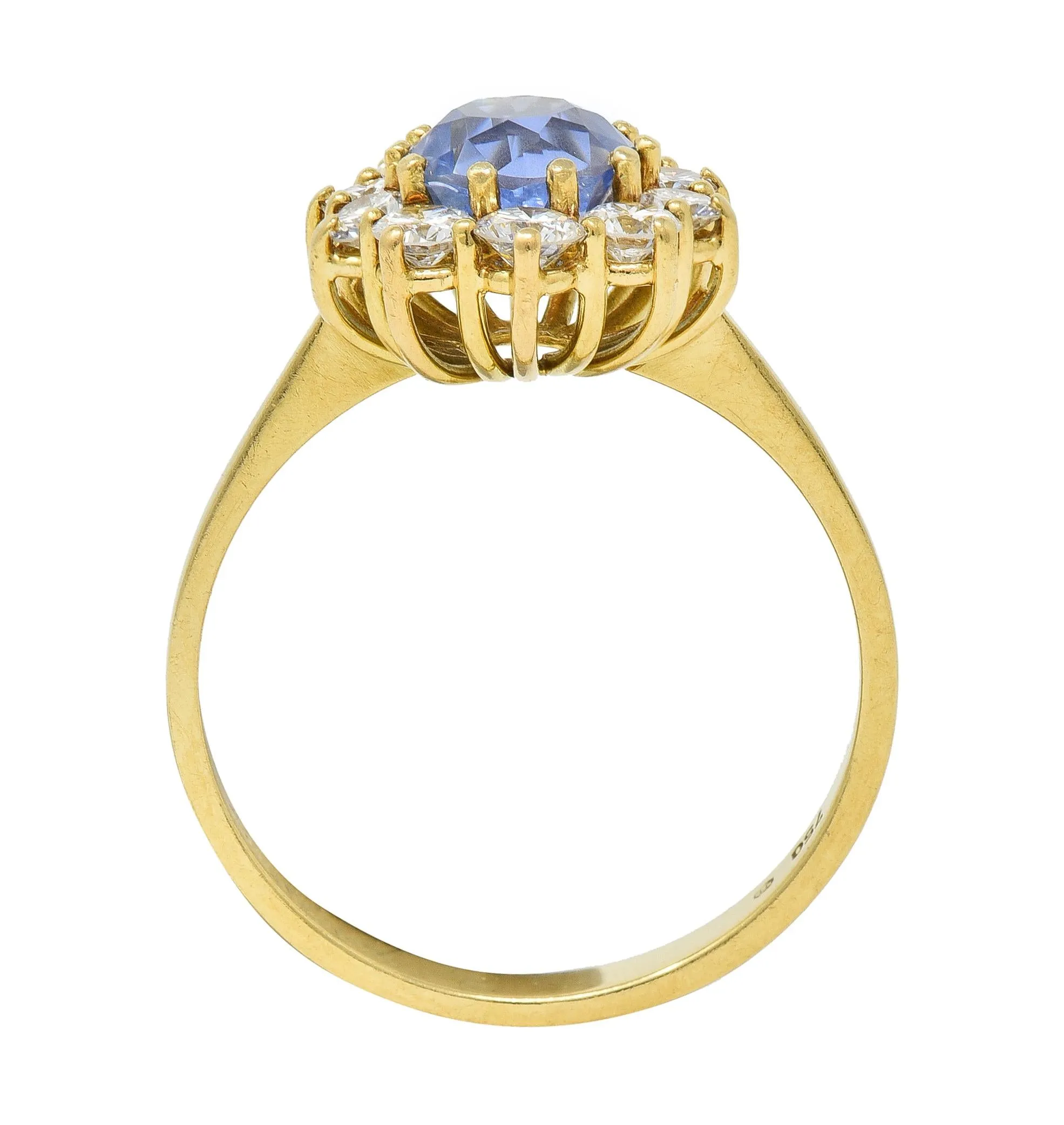 Mid-Century 2.98 CTW No Heat Ceylon Sapphire Diamond 18 Karat Gold Halo Ring GIA