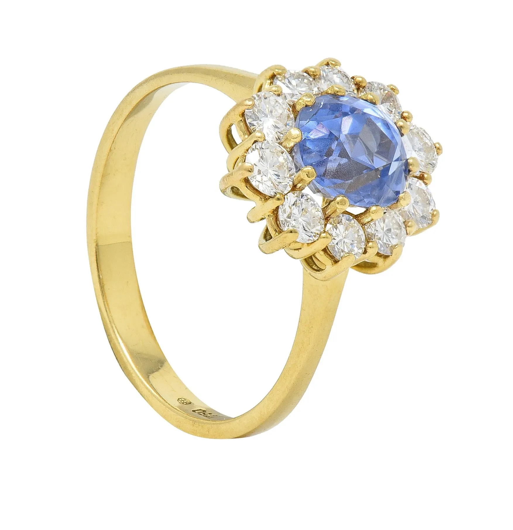 Mid-Century 2.98 CTW No Heat Ceylon Sapphire Diamond 18 Karat Gold Halo Ring GIA