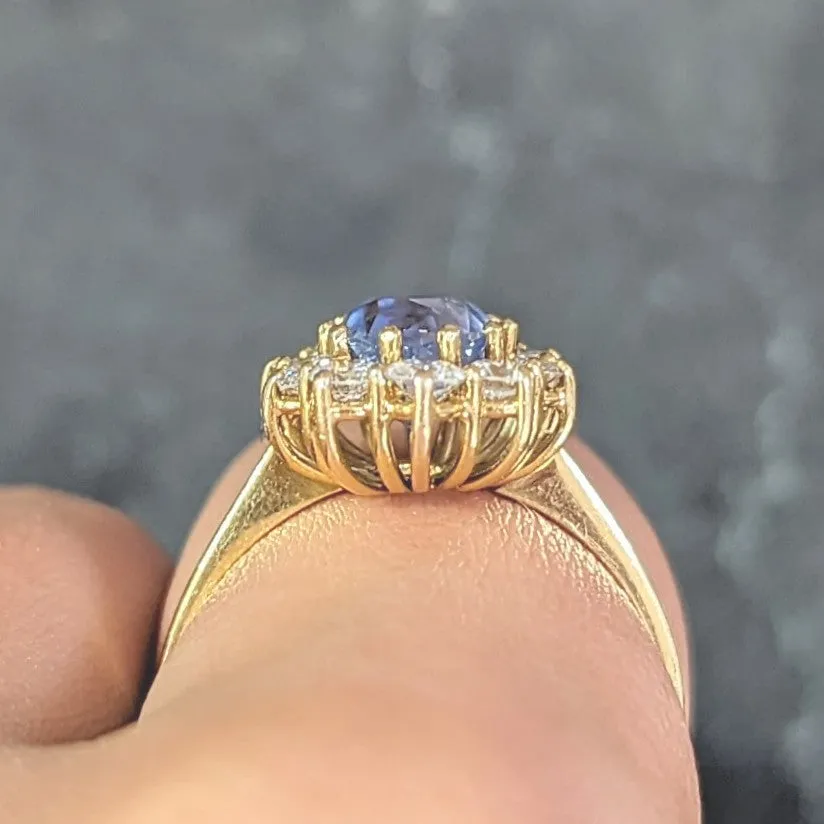 Mid-Century 2.98 CTW No Heat Ceylon Sapphire Diamond 18 Karat Gold Halo Ring GIA