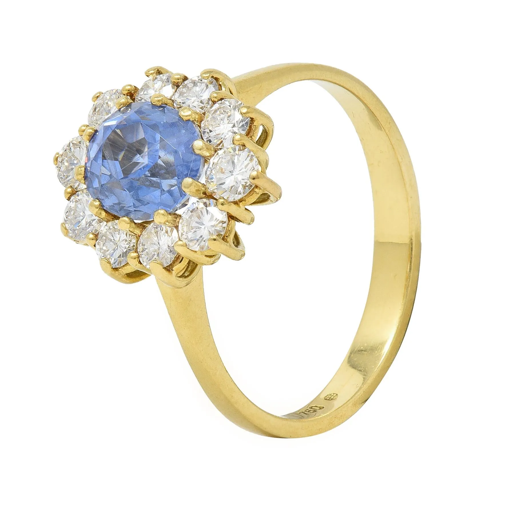 Mid-Century 2.98 CTW No Heat Ceylon Sapphire Diamond 18 Karat Gold Halo Ring GIA