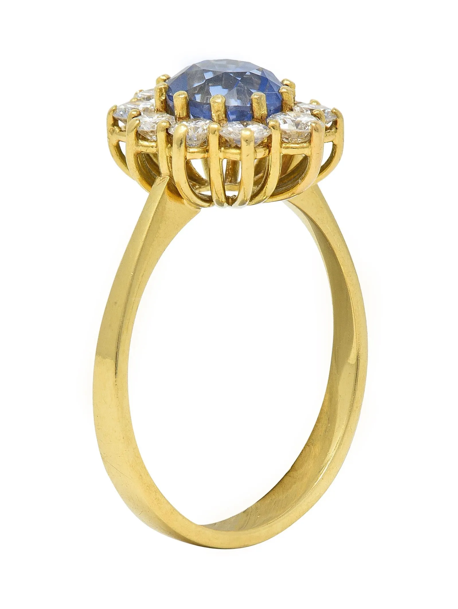 Mid-Century 2.98 CTW No Heat Ceylon Sapphire Diamond 18 Karat Gold Halo Ring GIA