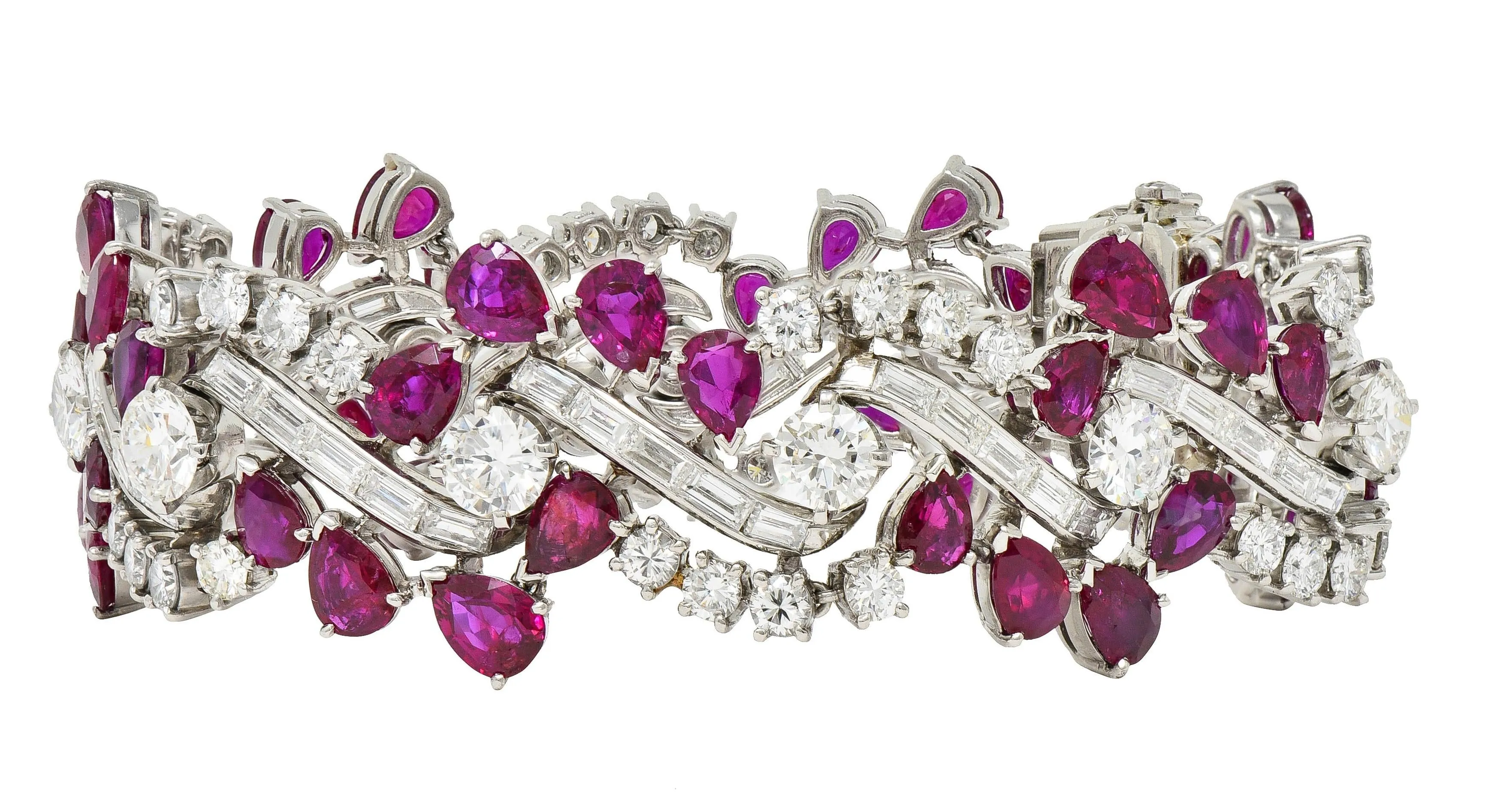 Mid-Century 45.95 CTW No Heat Burma Ruby Diamond Platinum Twist Vintage Line Bracelet GIA