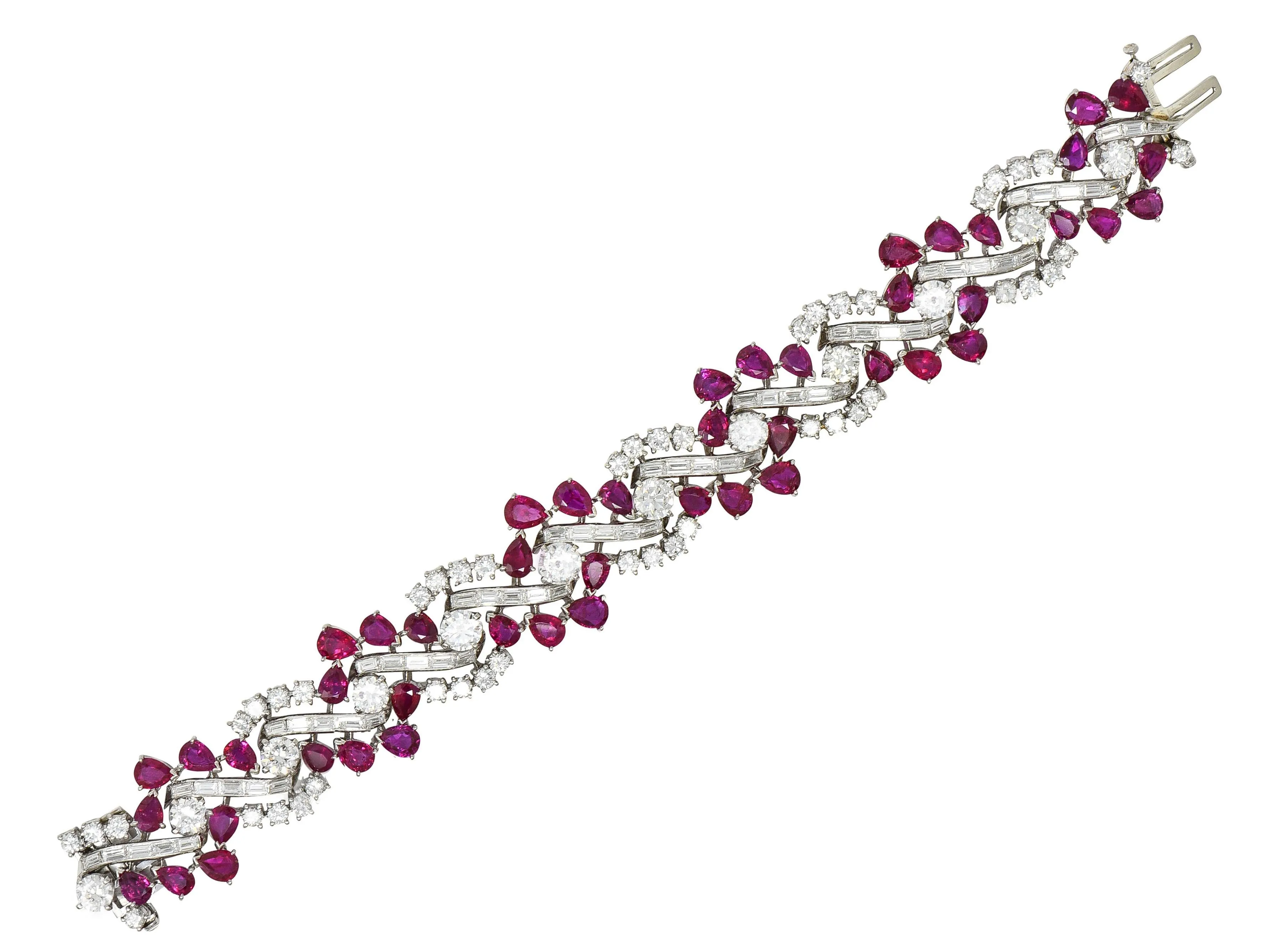 Mid-Century 45.95 CTW No Heat Burma Ruby Diamond Platinum Twist Vintage Line Bracelet GIA