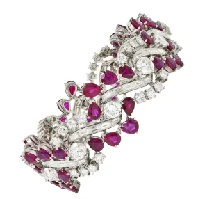 Mid-Century 45.95 CTW No Heat Burma Ruby Diamond Platinum Twist Vintage Line Bracelet GIA