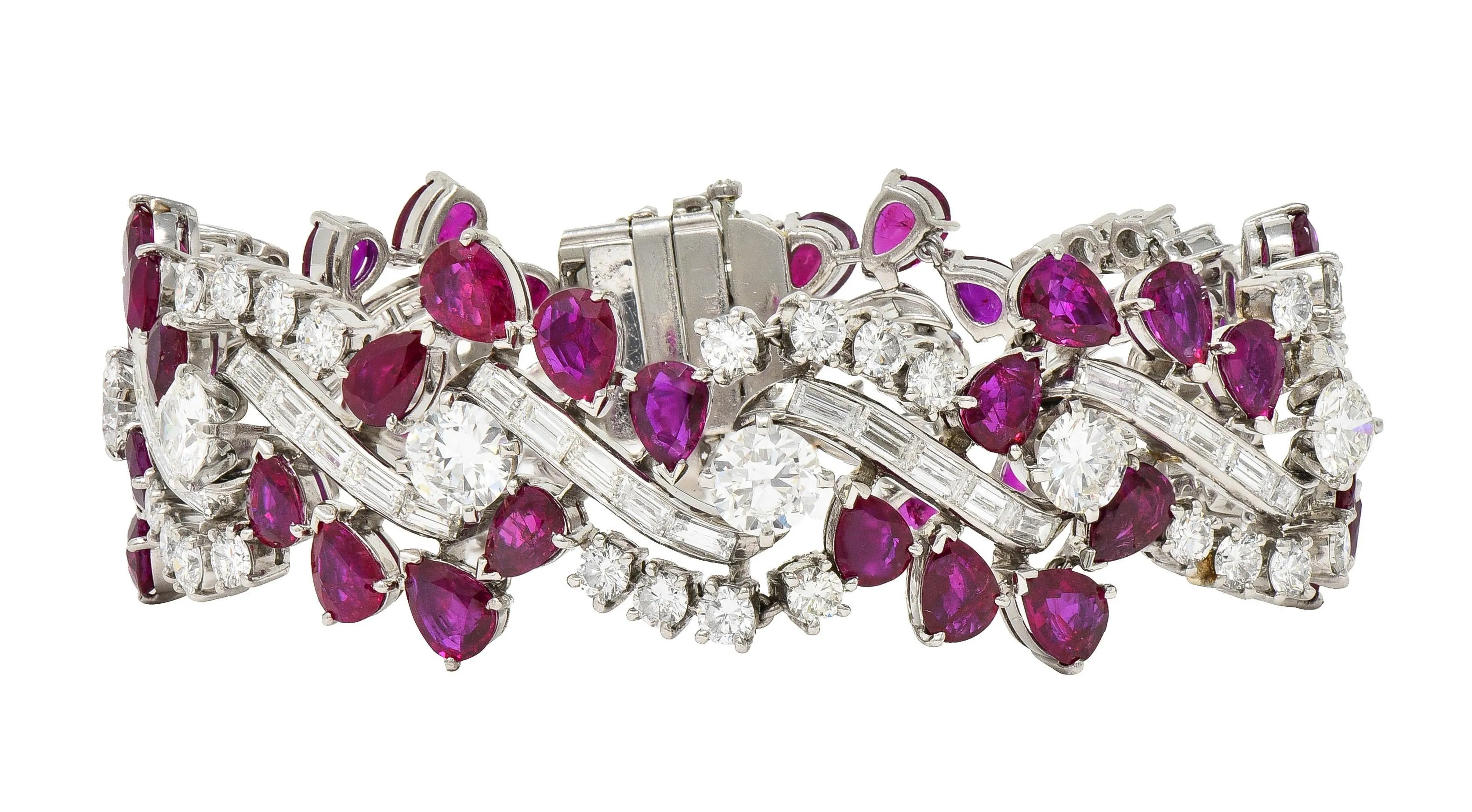 Mid-Century 45.95 CTW No Heat Burma Ruby Diamond Platinum Twist Vintage Line Bracelet GIA