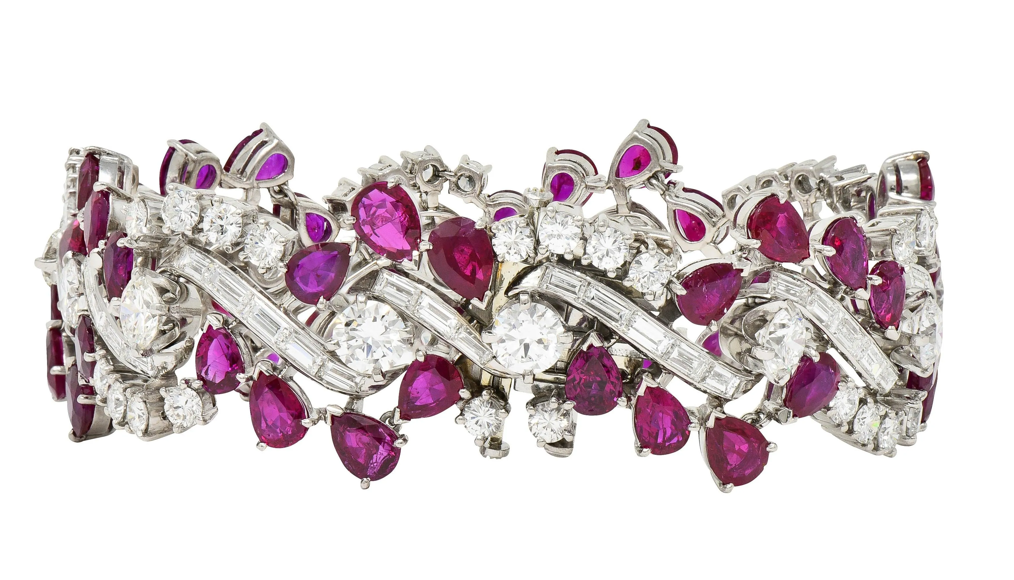 Mid-Century 45.95 CTW No Heat Burma Ruby Diamond Platinum Twist Vintage Line Bracelet GIA