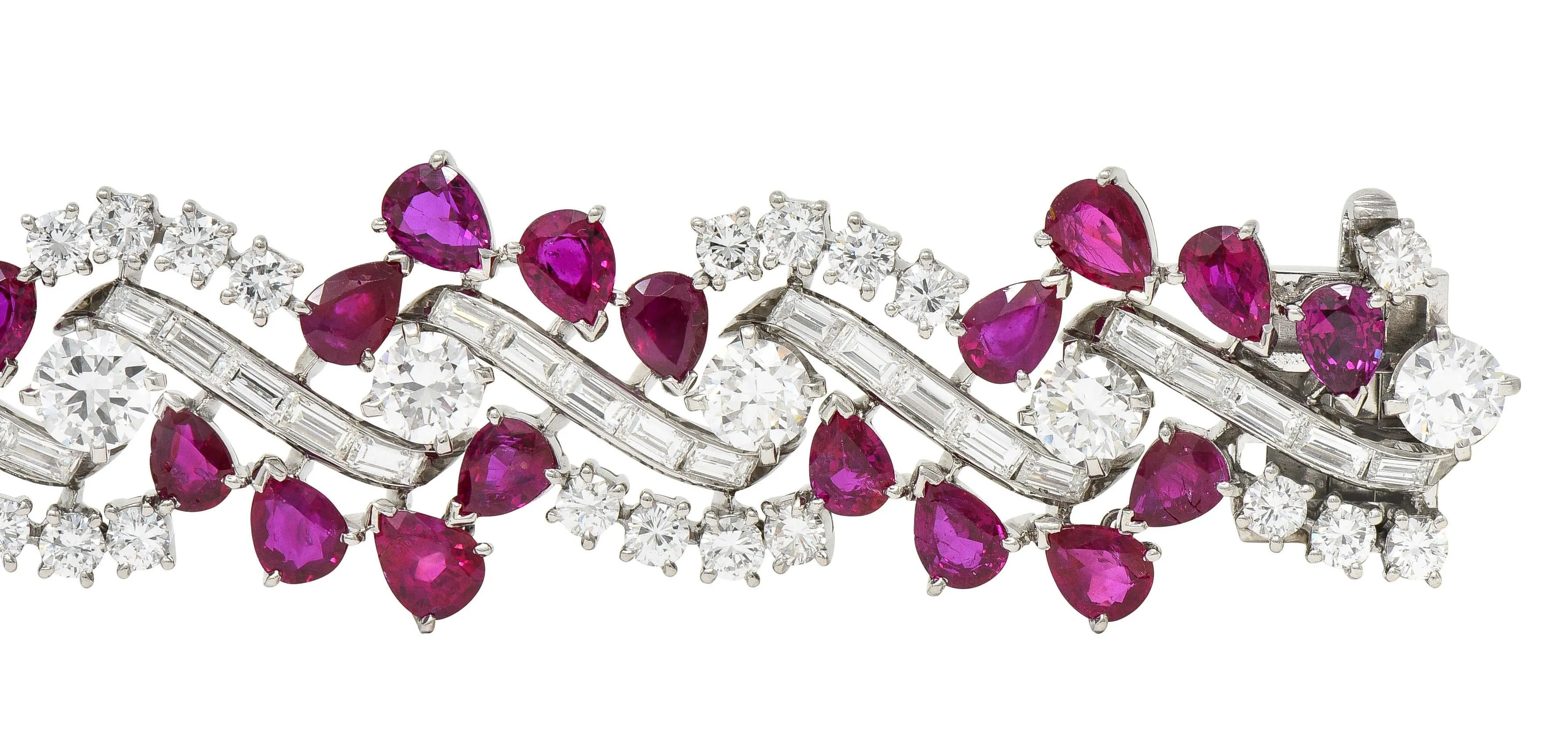 Mid-Century 45.95 CTW No Heat Burma Ruby Diamond Platinum Twist Vintage Line Bracelet GIA