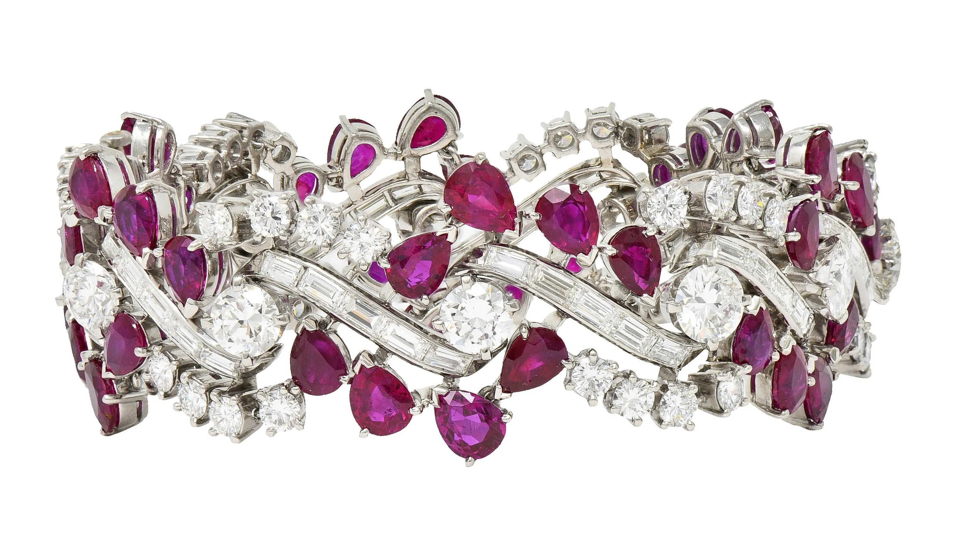 Mid-Century 45.95 CTW No Heat Burma Ruby Diamond Platinum Twist Vintage Line Bracelet GIA