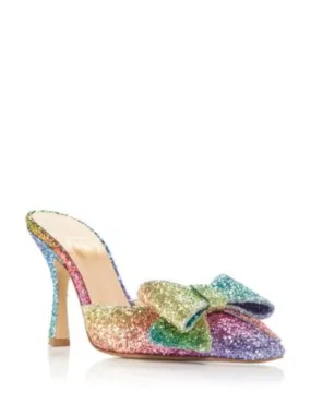 NALEBE Womens Rainbow Mixed Media Padded Glitter Bow Accent Dimante Square Toe Flare Slip On Dress Heeled Mules Shoes