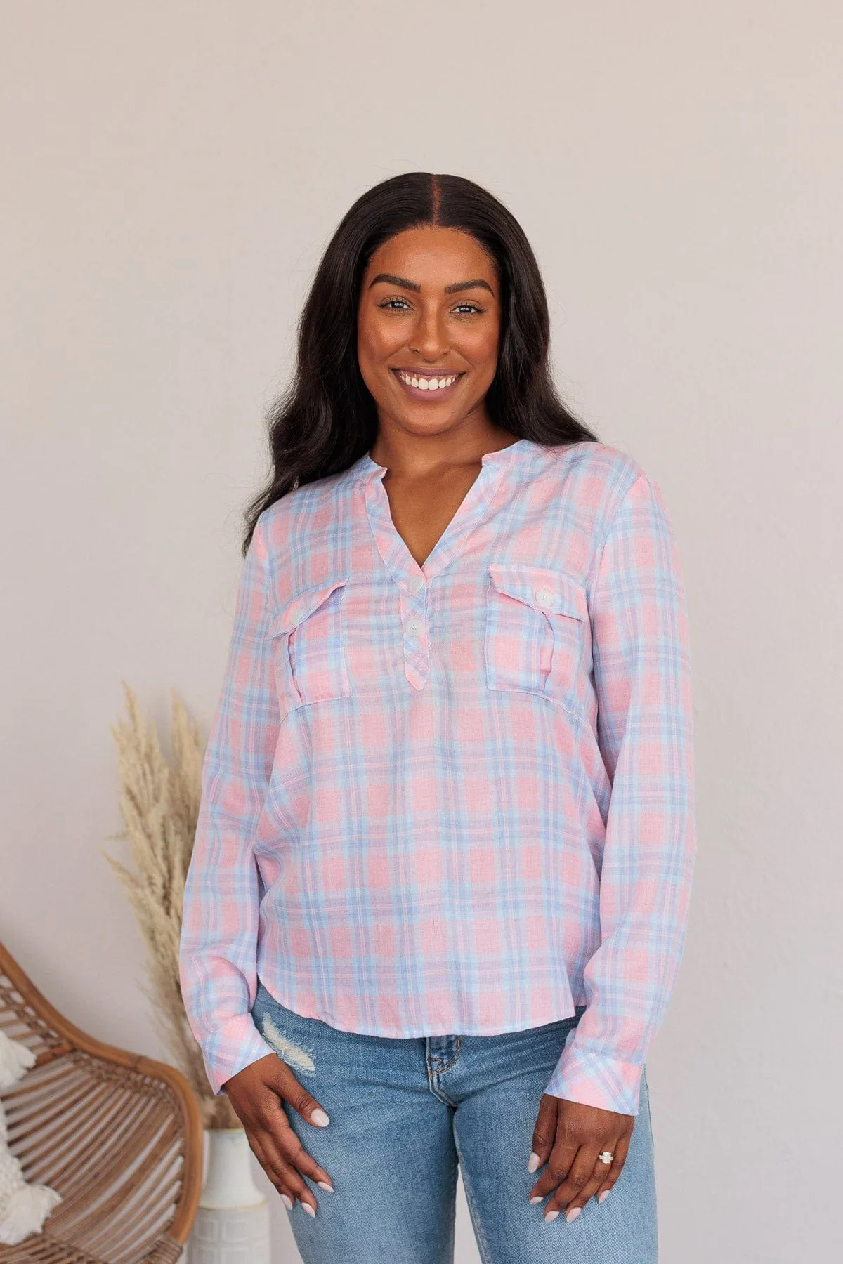 Need Some Clarity Plaid Pocket Top- Pink