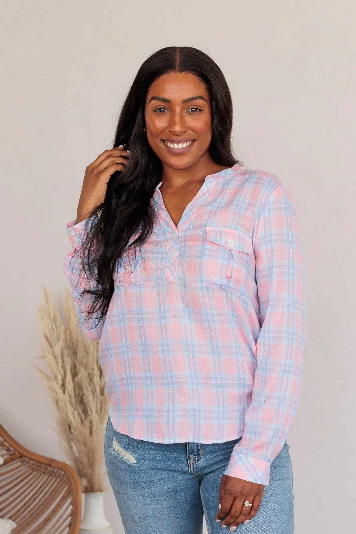 Need Some Clarity Plaid Pocket Top- Pink