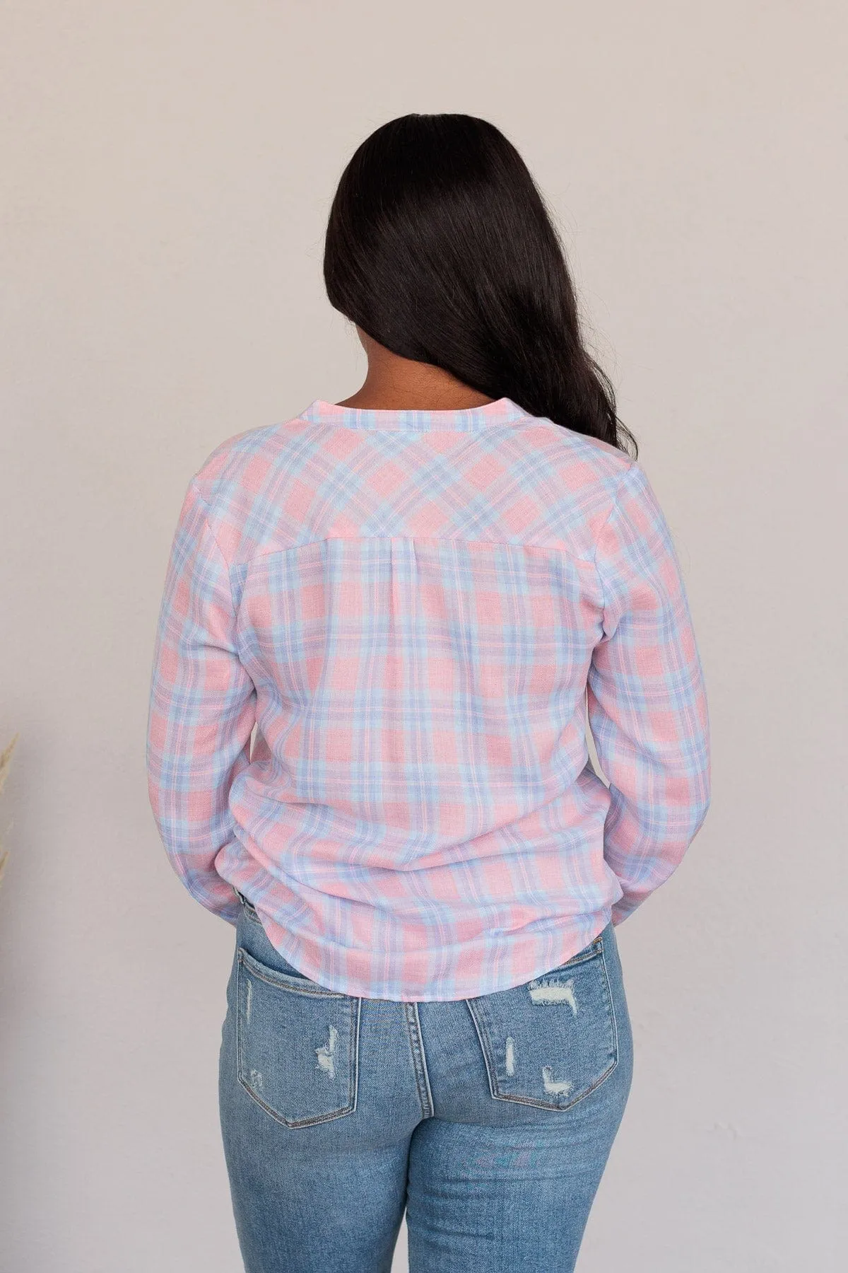 Need Some Clarity Plaid Pocket Top- Pink