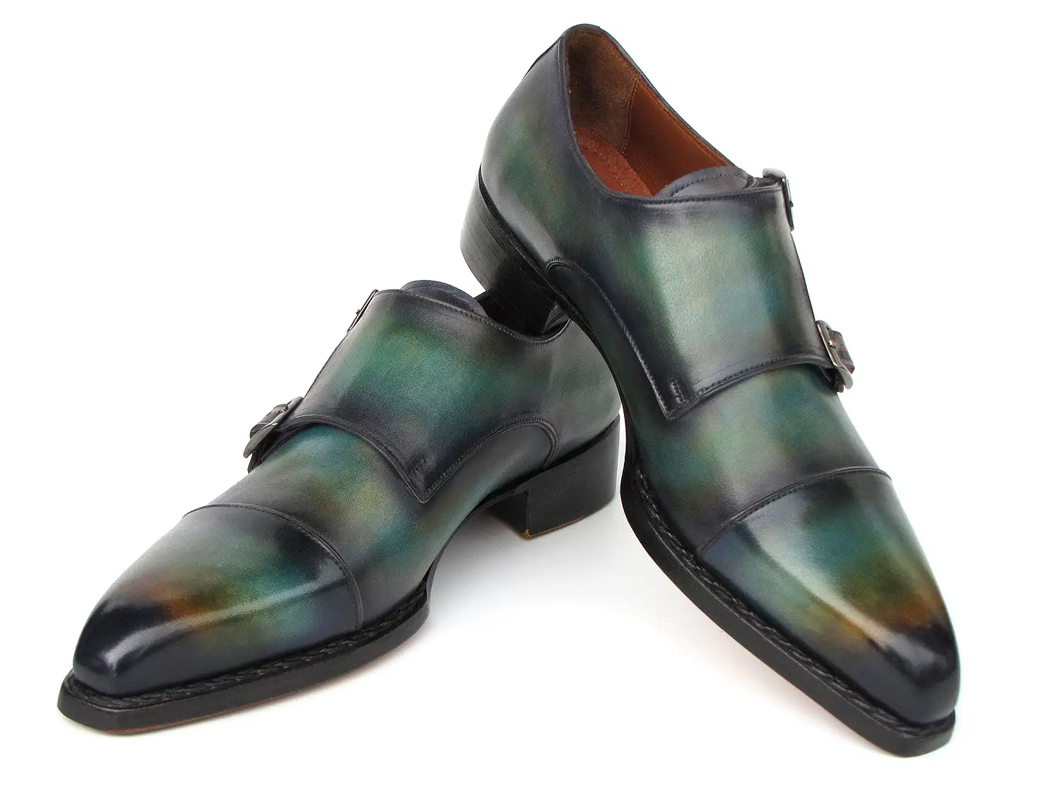 Paul Parkman Men's Cap Toe Double Monkstrap Shoes Green & Blue Patina - 2598-5BG