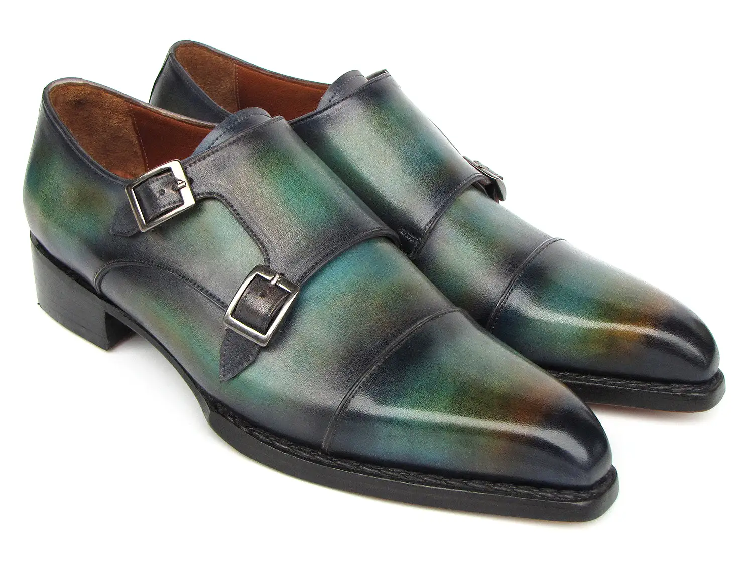 Paul Parkman Men's Cap Toe Double Monkstrap Shoes Green & Blue Patina - 2598-5BG