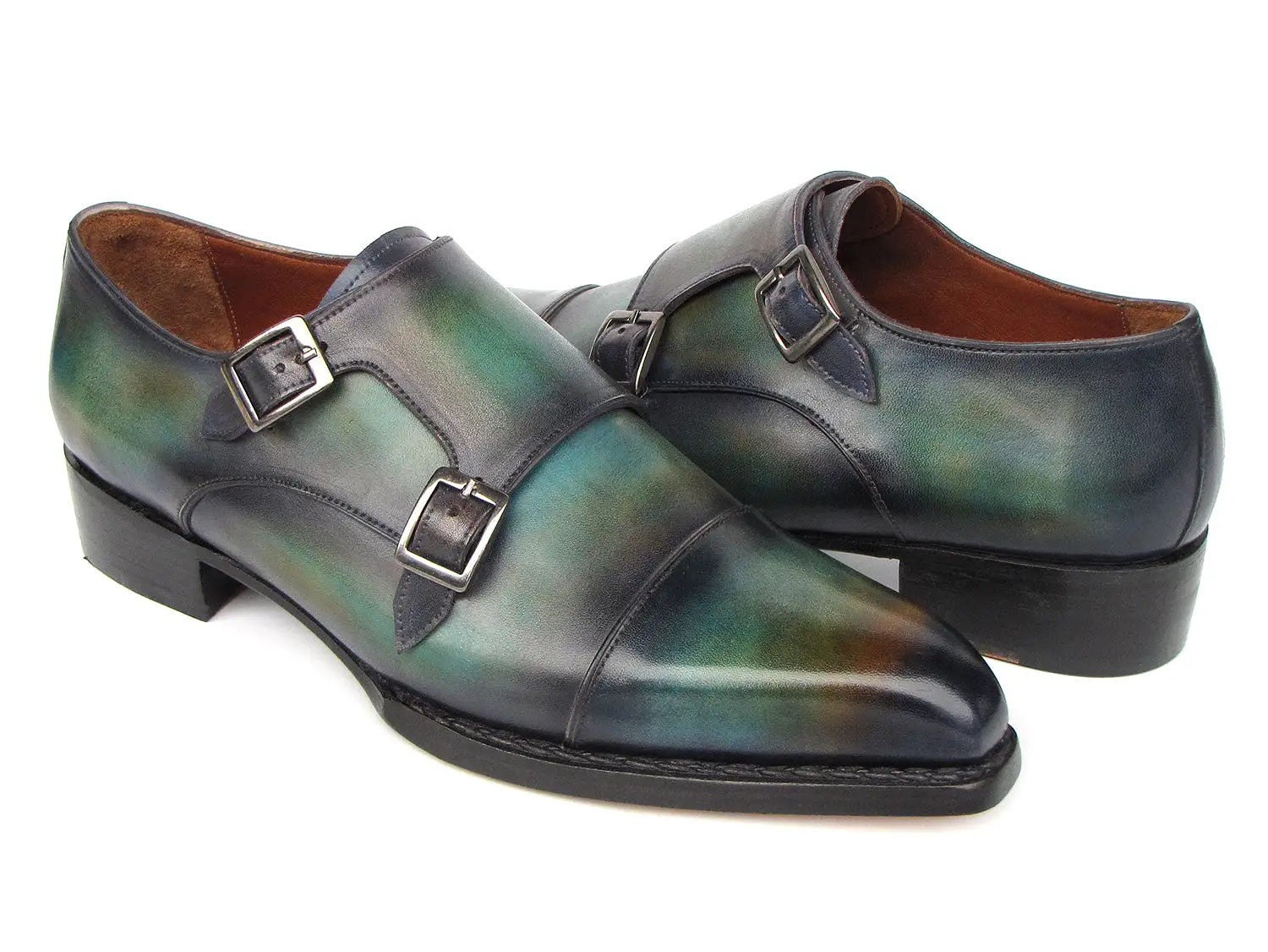 Paul Parkman Men's Cap Toe Double Monkstrap Shoes Green & Blue Patina - 2598-5BG