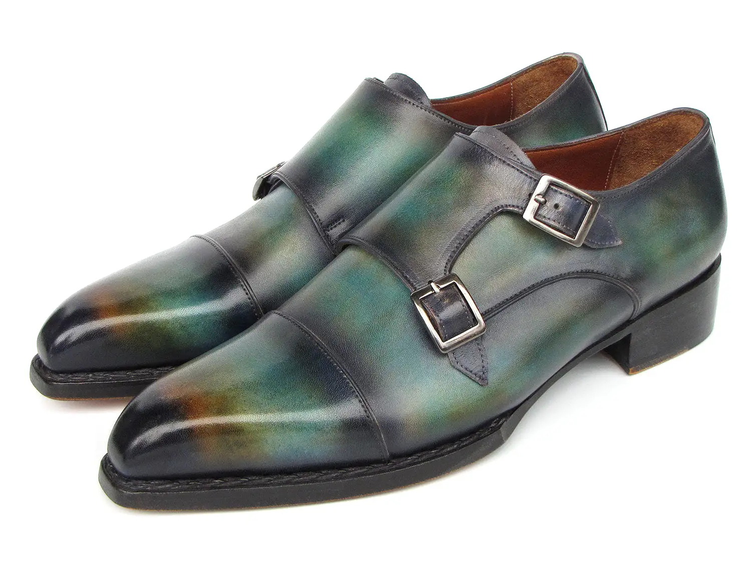 Paul Parkman Men's Cap Toe Double Monkstrap Shoes Green & Blue Patina - 2598-5BG