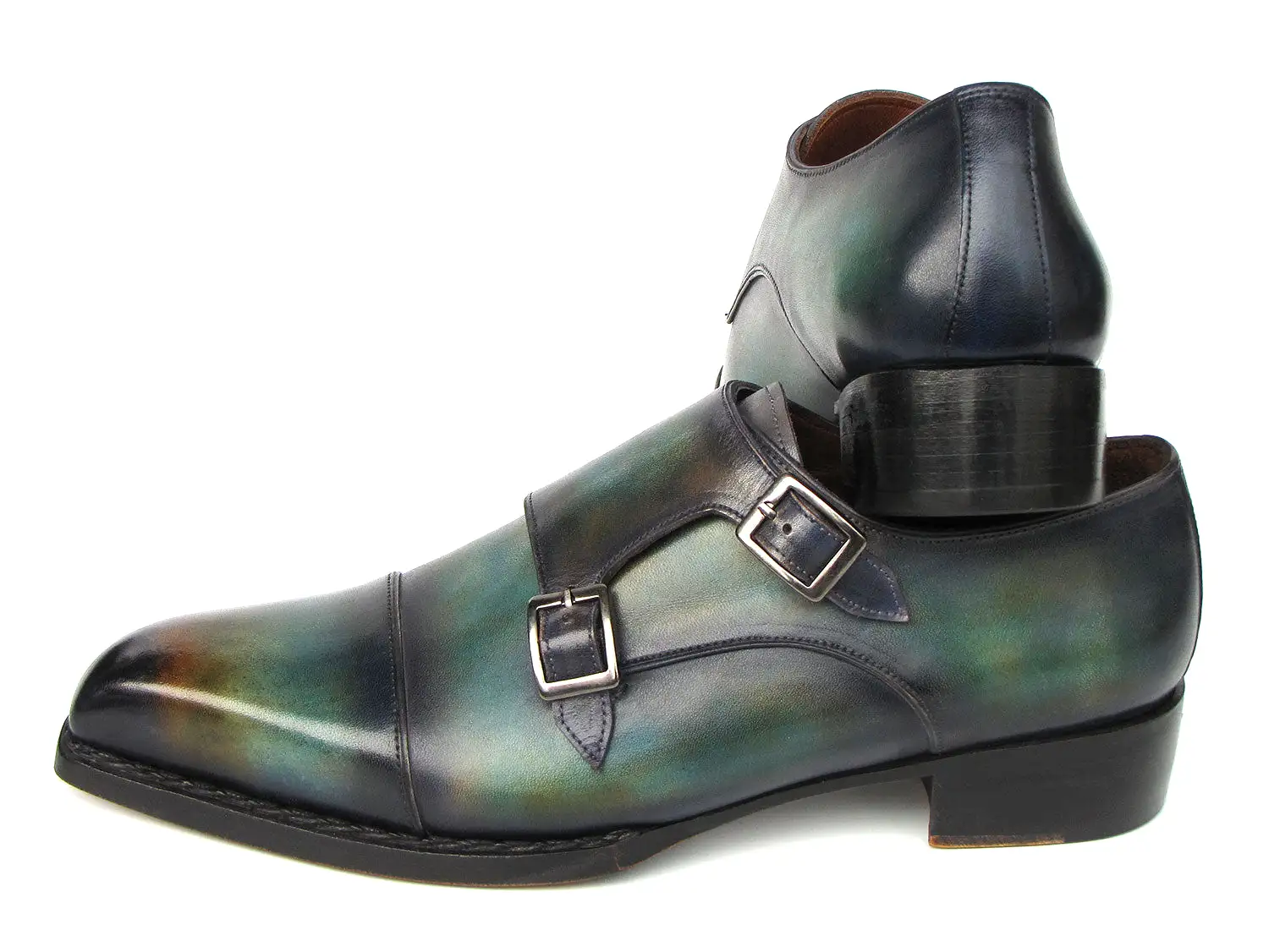 Paul Parkman Men's Cap Toe Double Monkstrap Shoes Green & Blue Patina - 2598-5BG