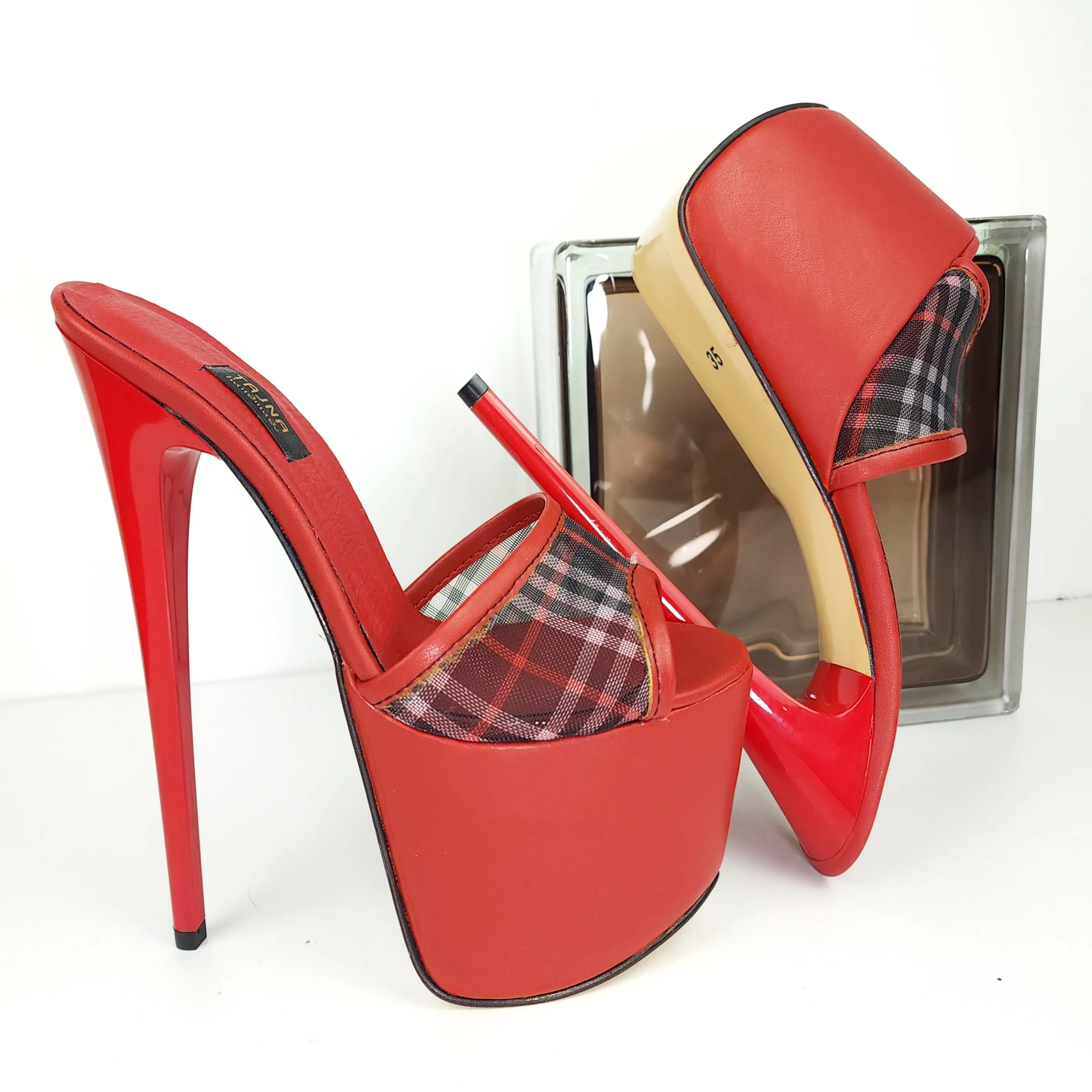 Red Transparent Tartan Plaid High Heel Mules