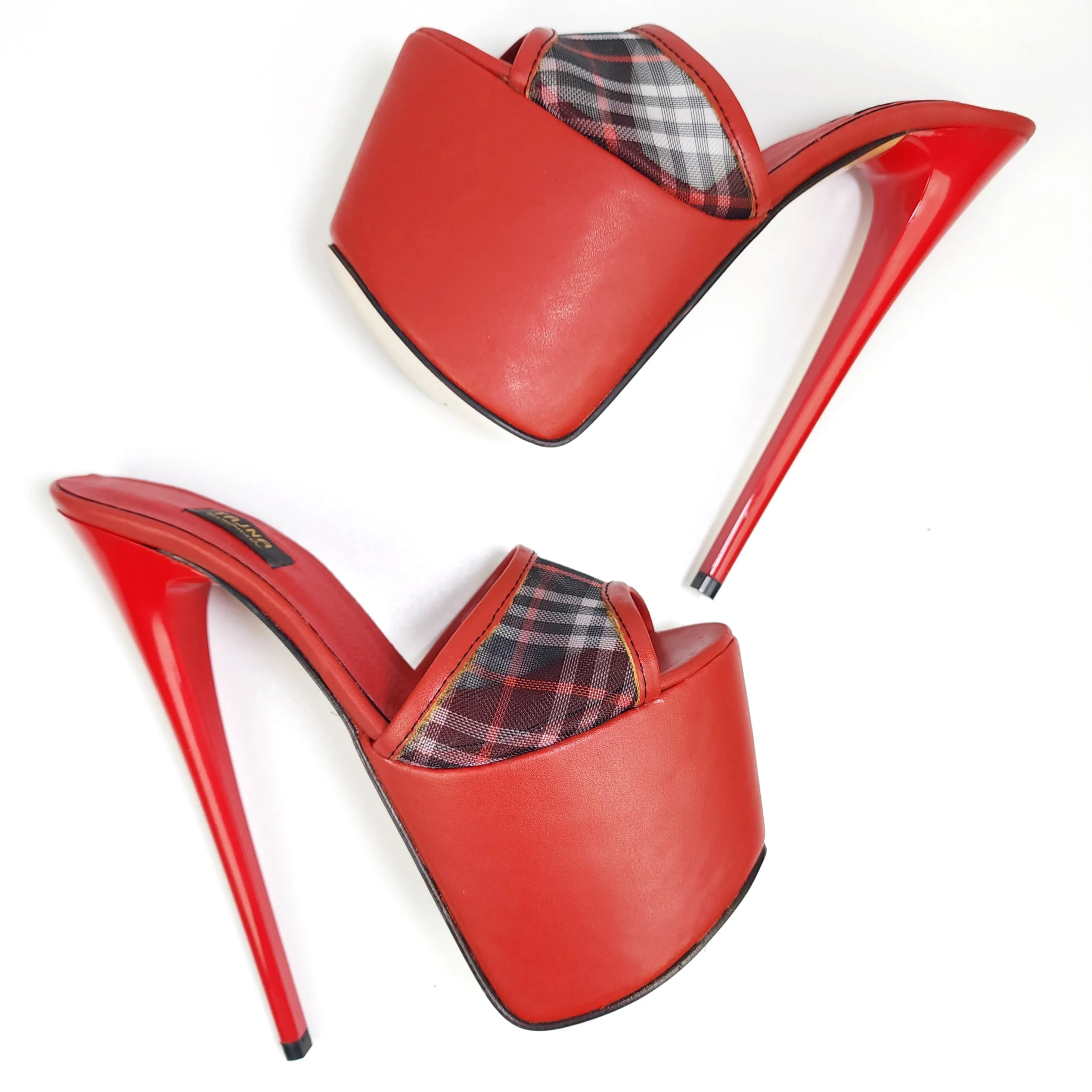 Red Transparent Tartan Plaid High Heel Mules