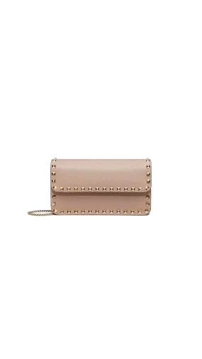 Rockstud Grainy Calfskin Chain Pouch - Black