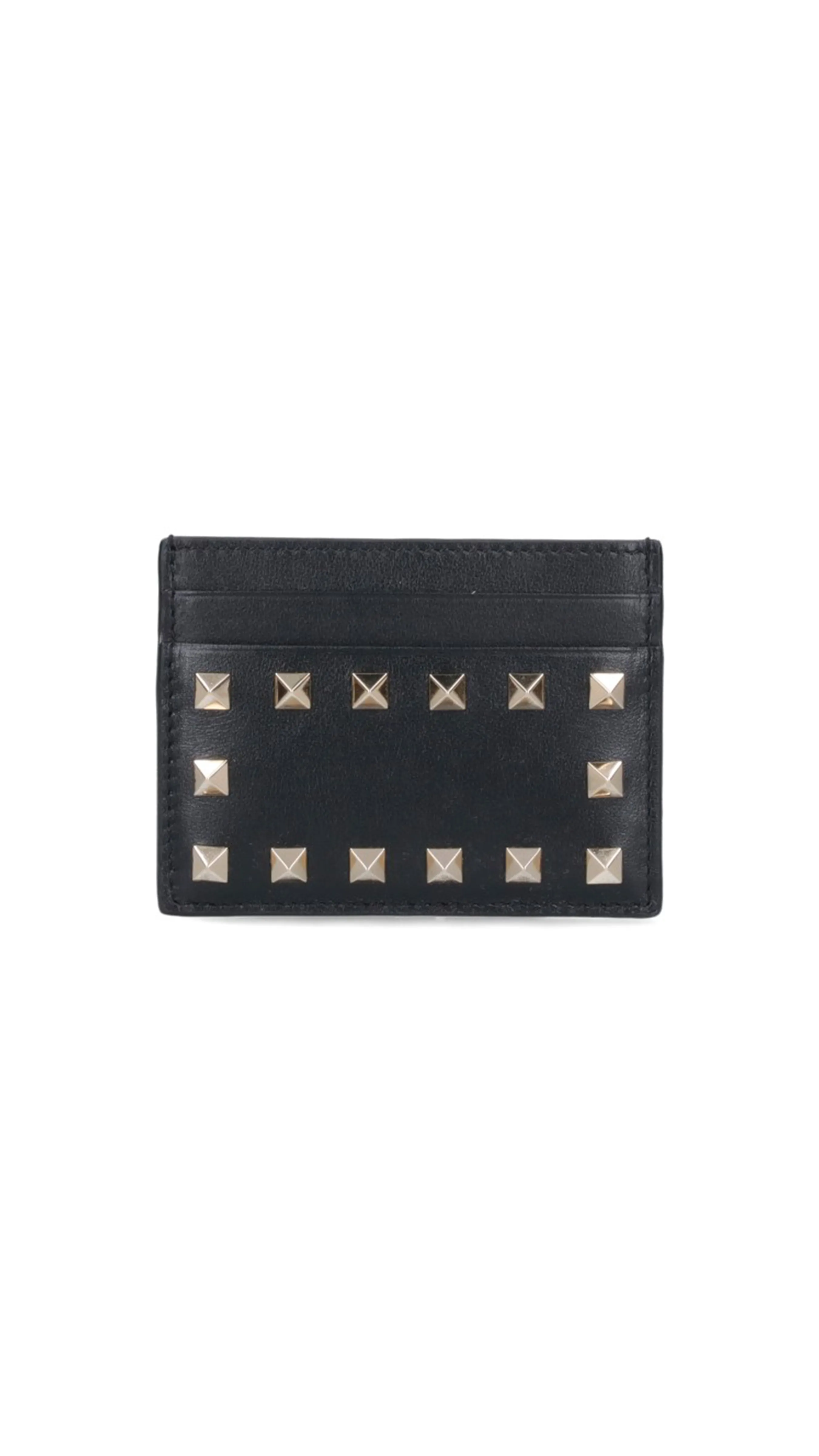 Rockstud Pebbled Calfskin Card Holder - Black