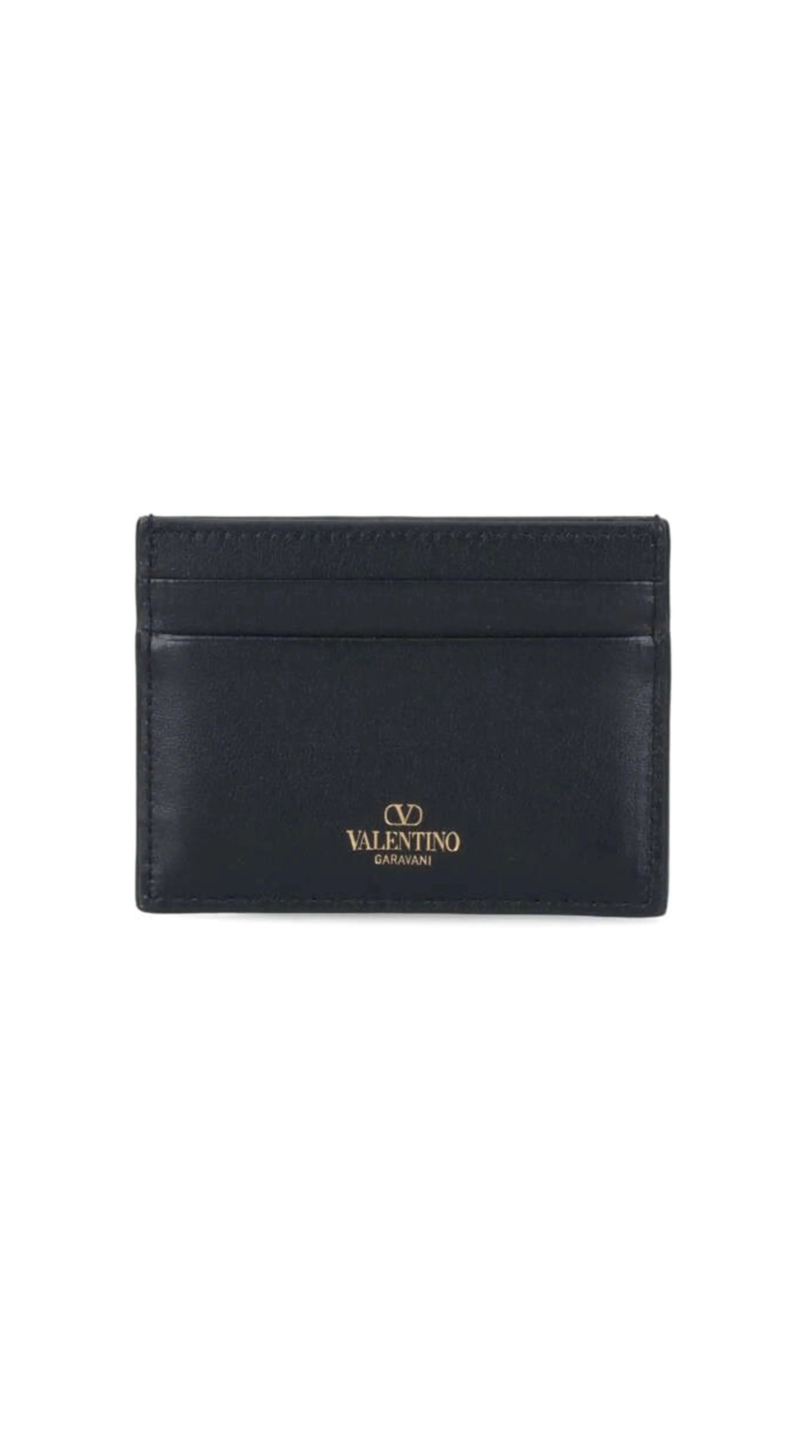 Rockstud Pebbled Calfskin Card Holder - Black