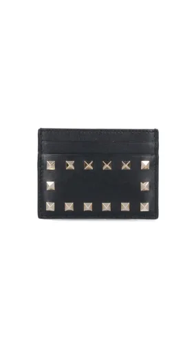 Rockstud Pebbled Calfskin Card Holder - Black