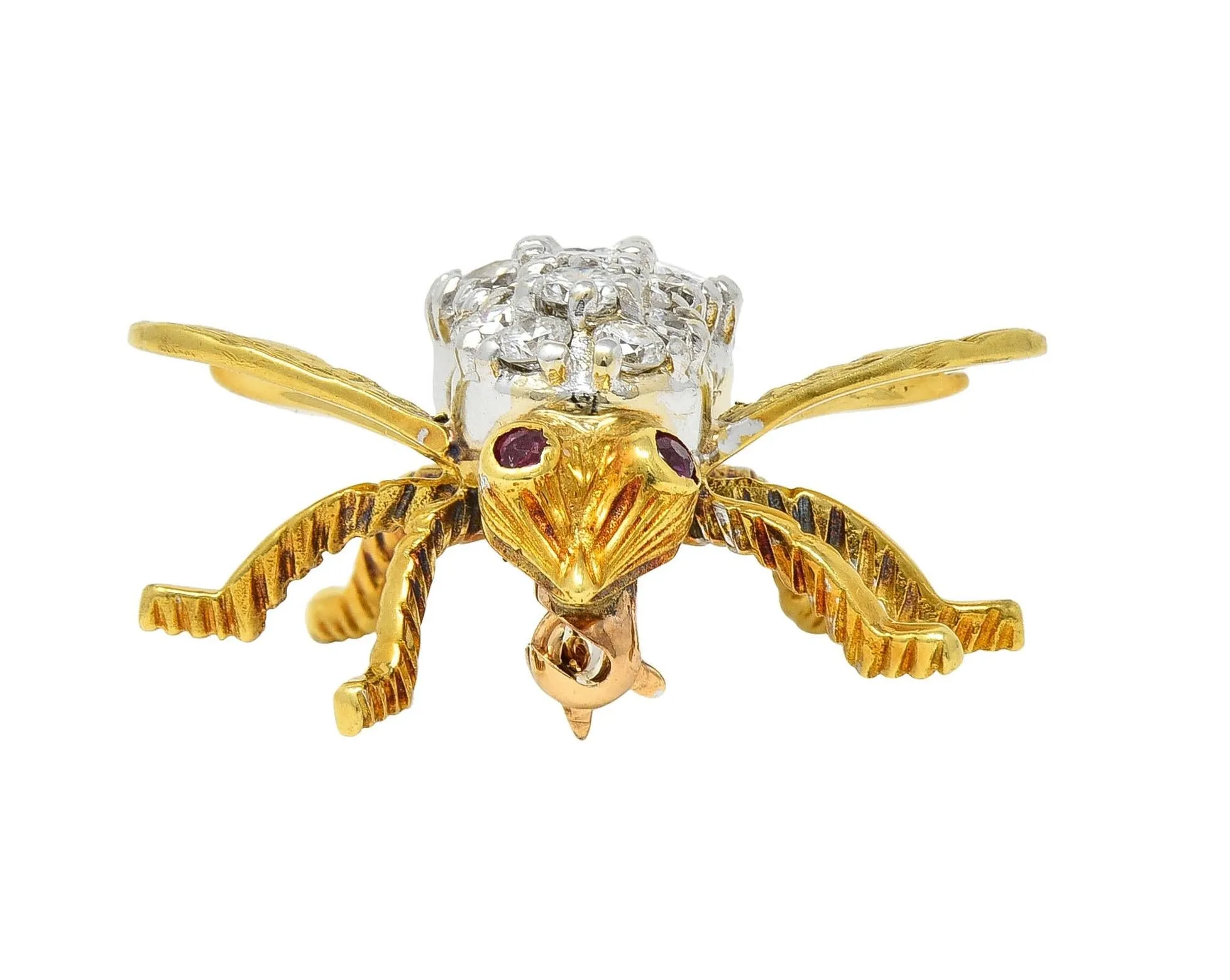 Rosenthal 1960's 1.16 CTW Diamond Ruby 18 Karat Two-Tone Gold Vintage Bee Bug Brooch