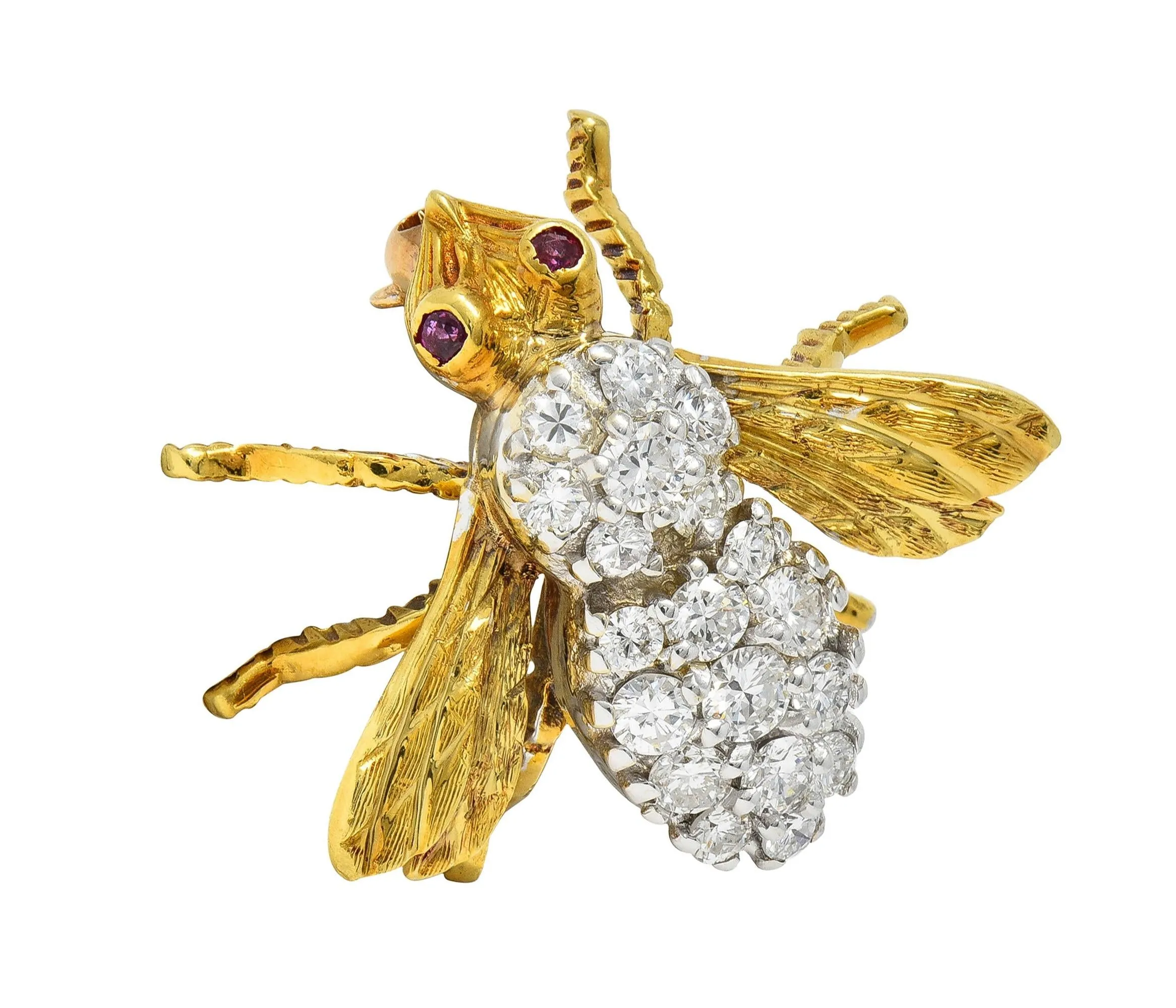 Rosenthal 1960's 1.16 CTW Diamond Ruby 18 Karat Two-Tone Gold Vintage Bee Bug Brooch