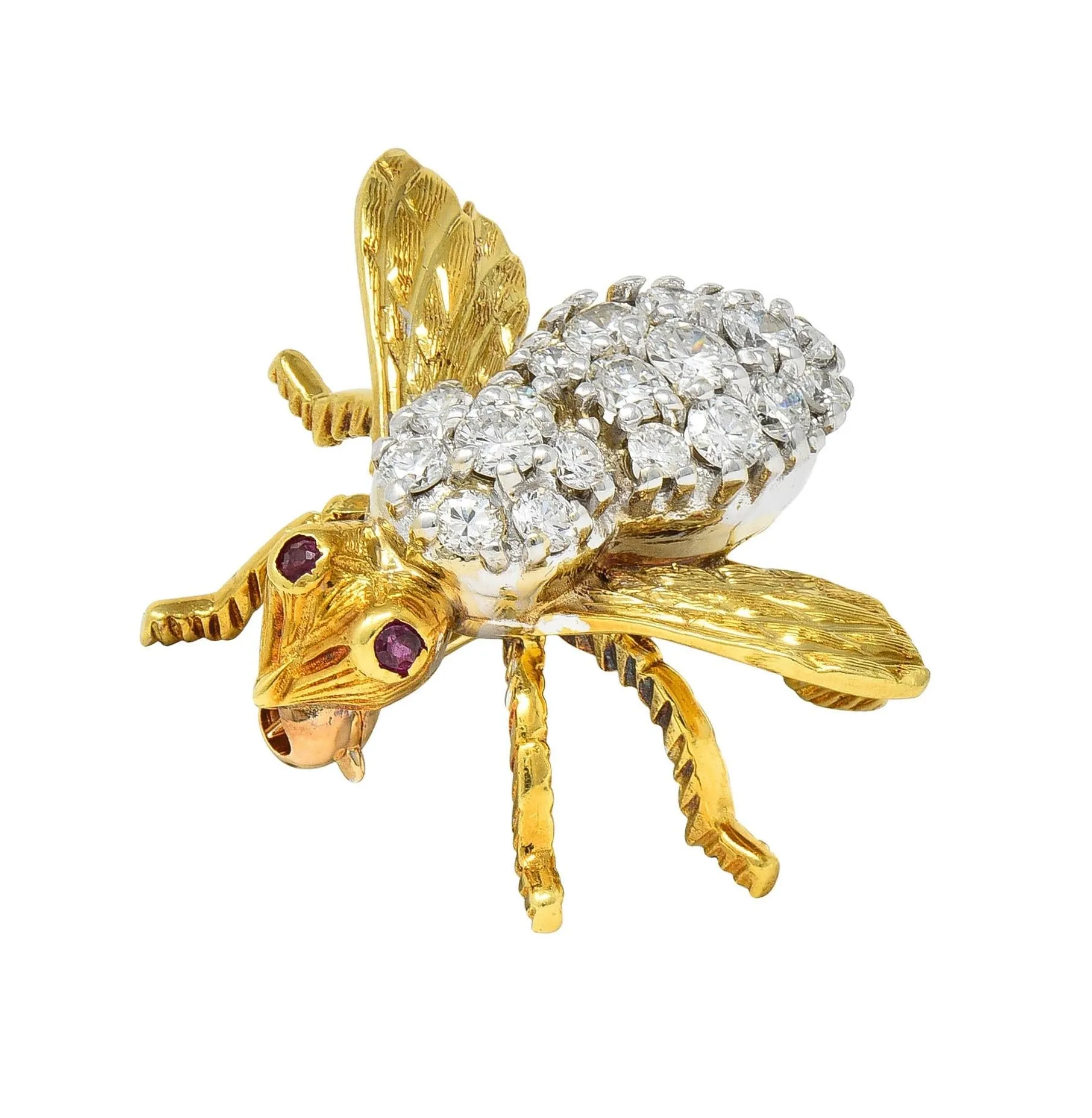 Rosenthal 1960's 1.16 CTW Diamond Ruby 18 Karat Two-Tone Gold Vintage Bee Bug Brooch