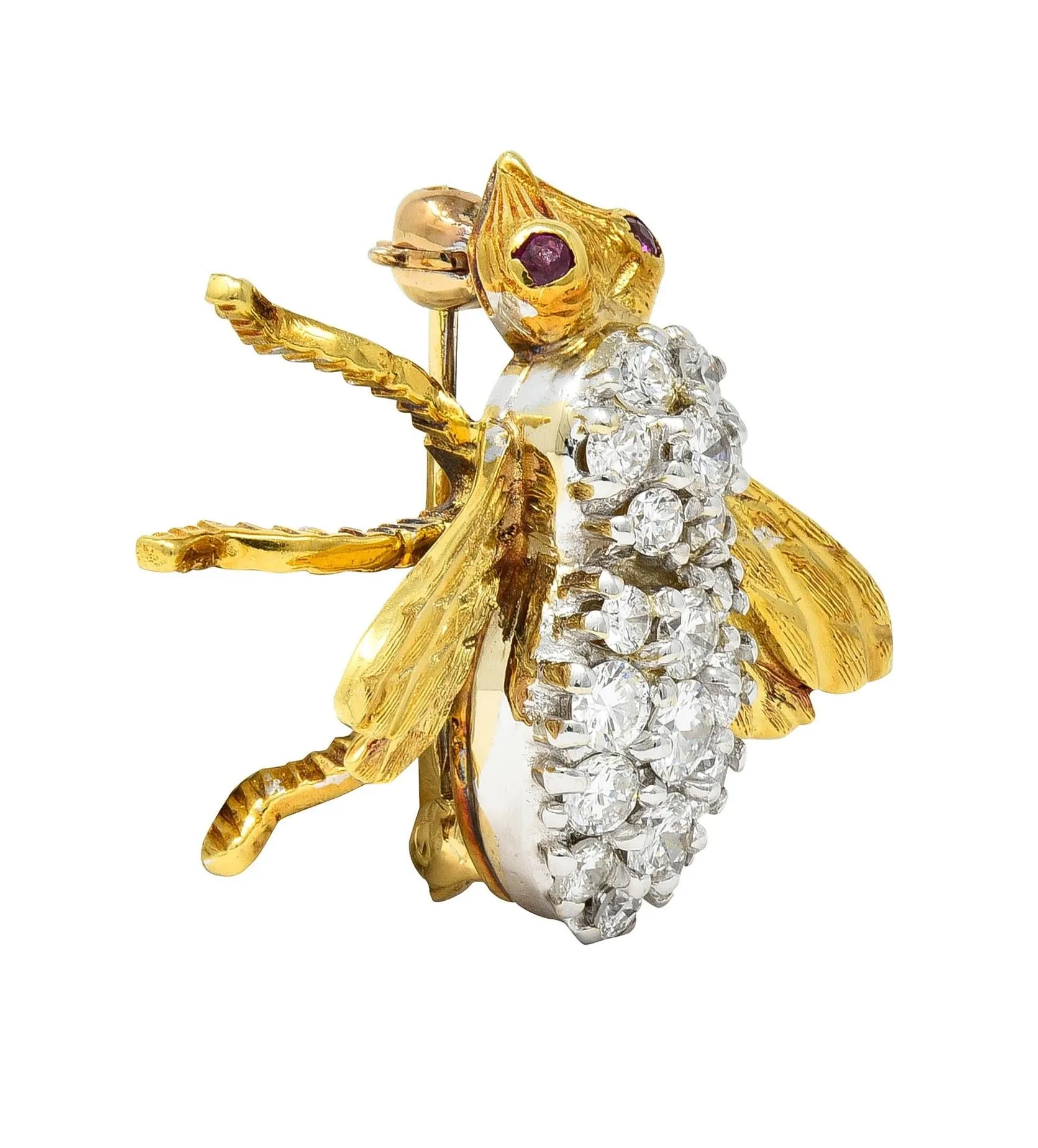 Rosenthal 1960's 1.16 CTW Diamond Ruby 18 Karat Two-Tone Gold Vintage Bee Bug Brooch