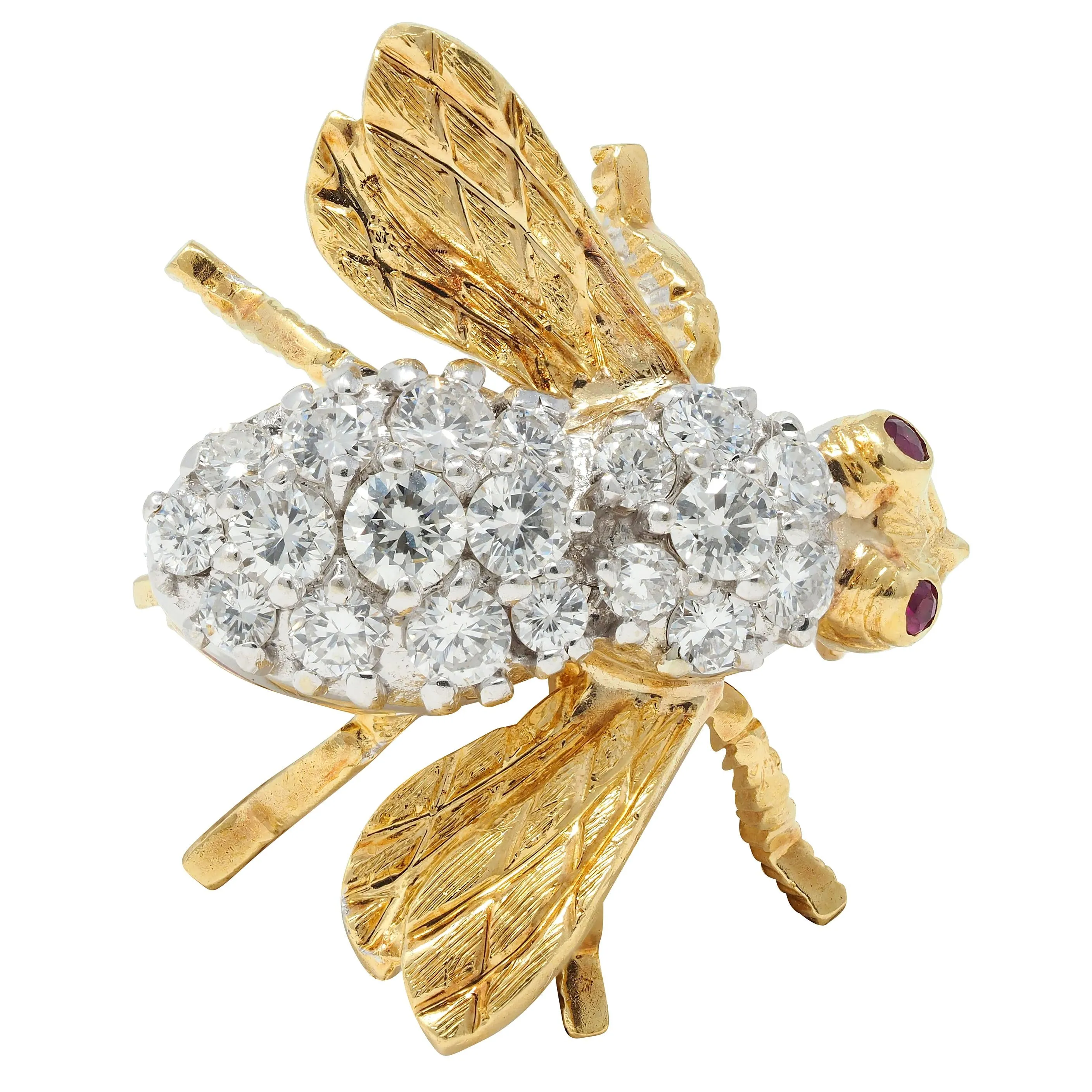 Rosenthal 1960's 1.28 CTW Diamond Ruby 18 Karat Two-Tone Gold Vintage Bee Brooch