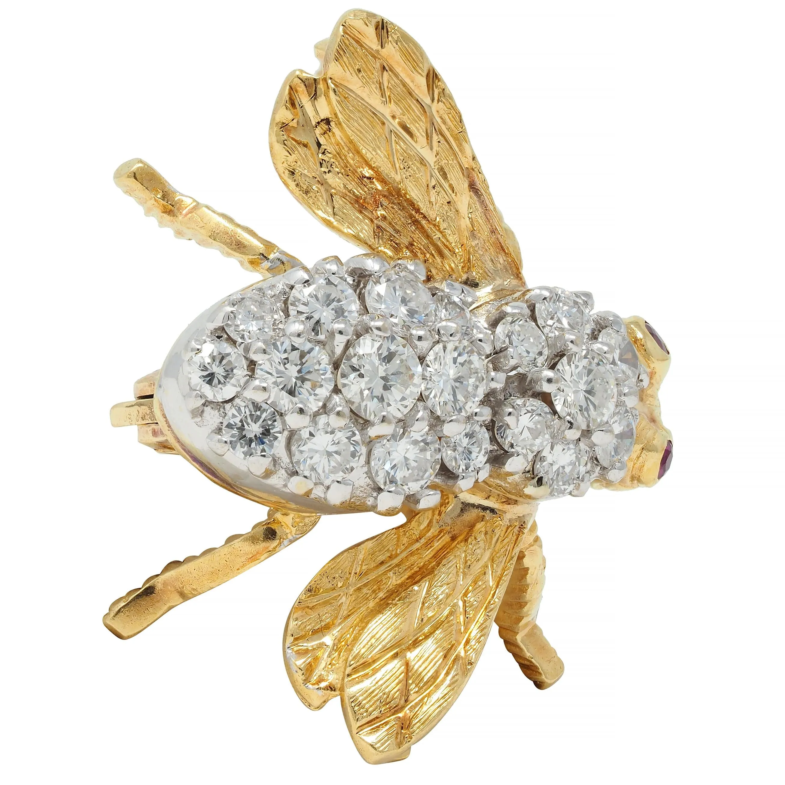 Rosenthal 1960's 1.28 CTW Diamond Ruby 18 Karat Two-Tone Gold Vintage Bee Brooch