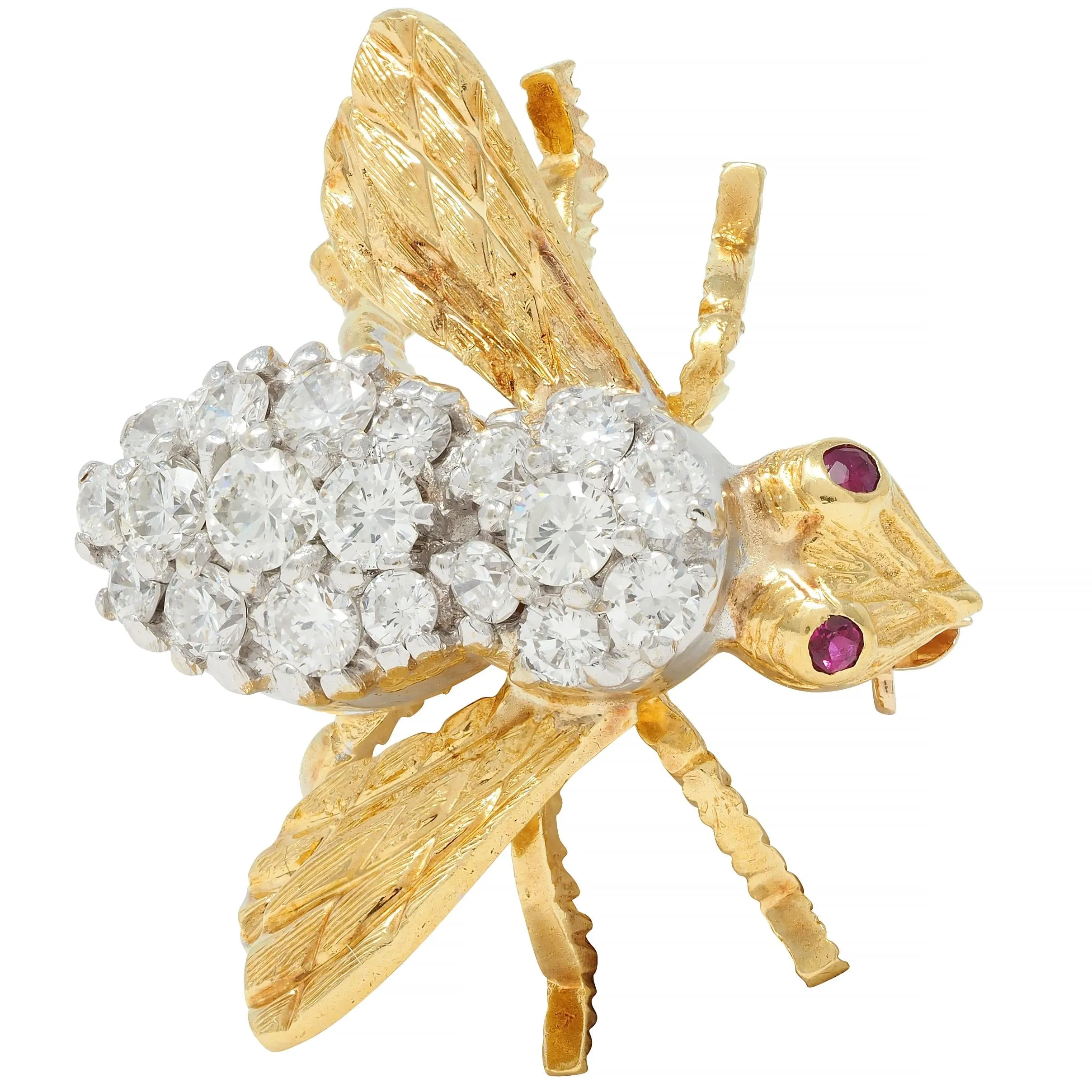 Rosenthal 1960's 1.28 CTW Diamond Ruby 18 Karat Two-Tone Gold Vintage Bee Brooch