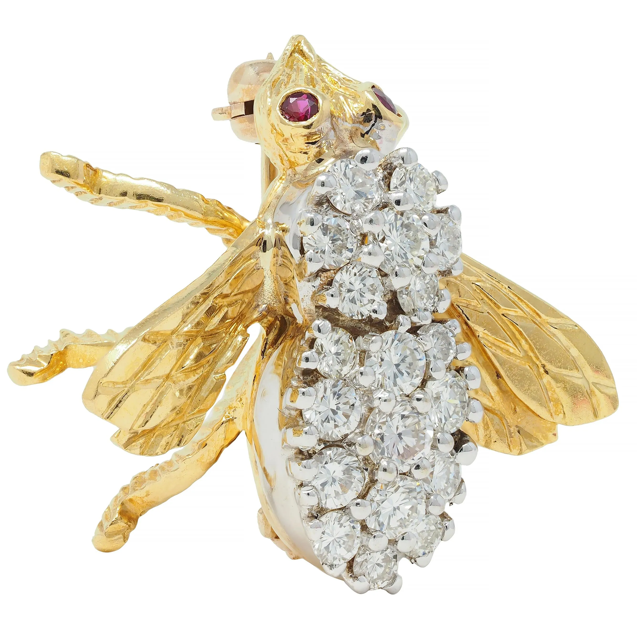 Rosenthal 1960's 1.28 CTW Diamond Ruby 18 Karat Two-Tone Gold Vintage Bee Bug Brooch