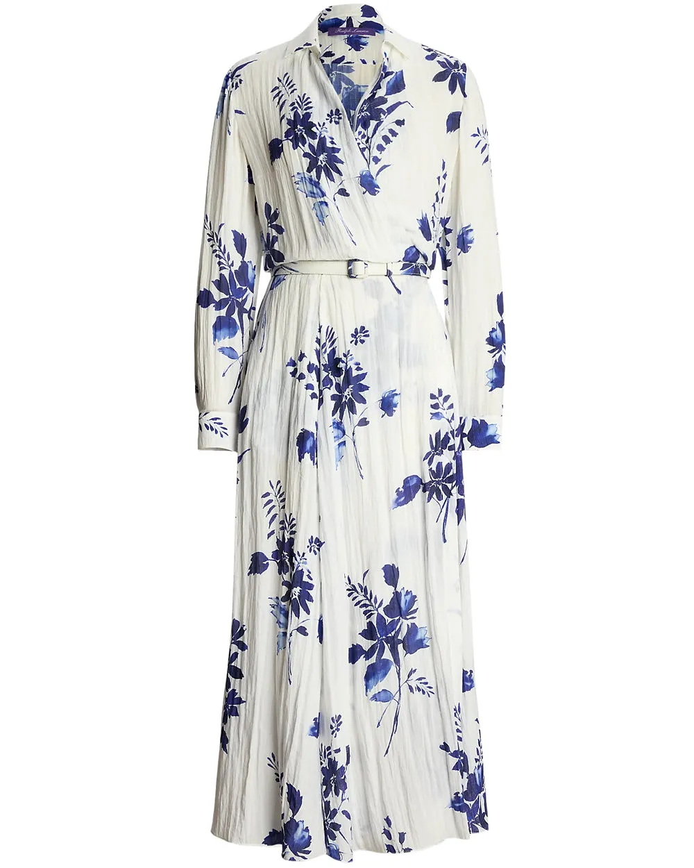 Sapphire and Cream Watercolor Long Sleeve Day Dress