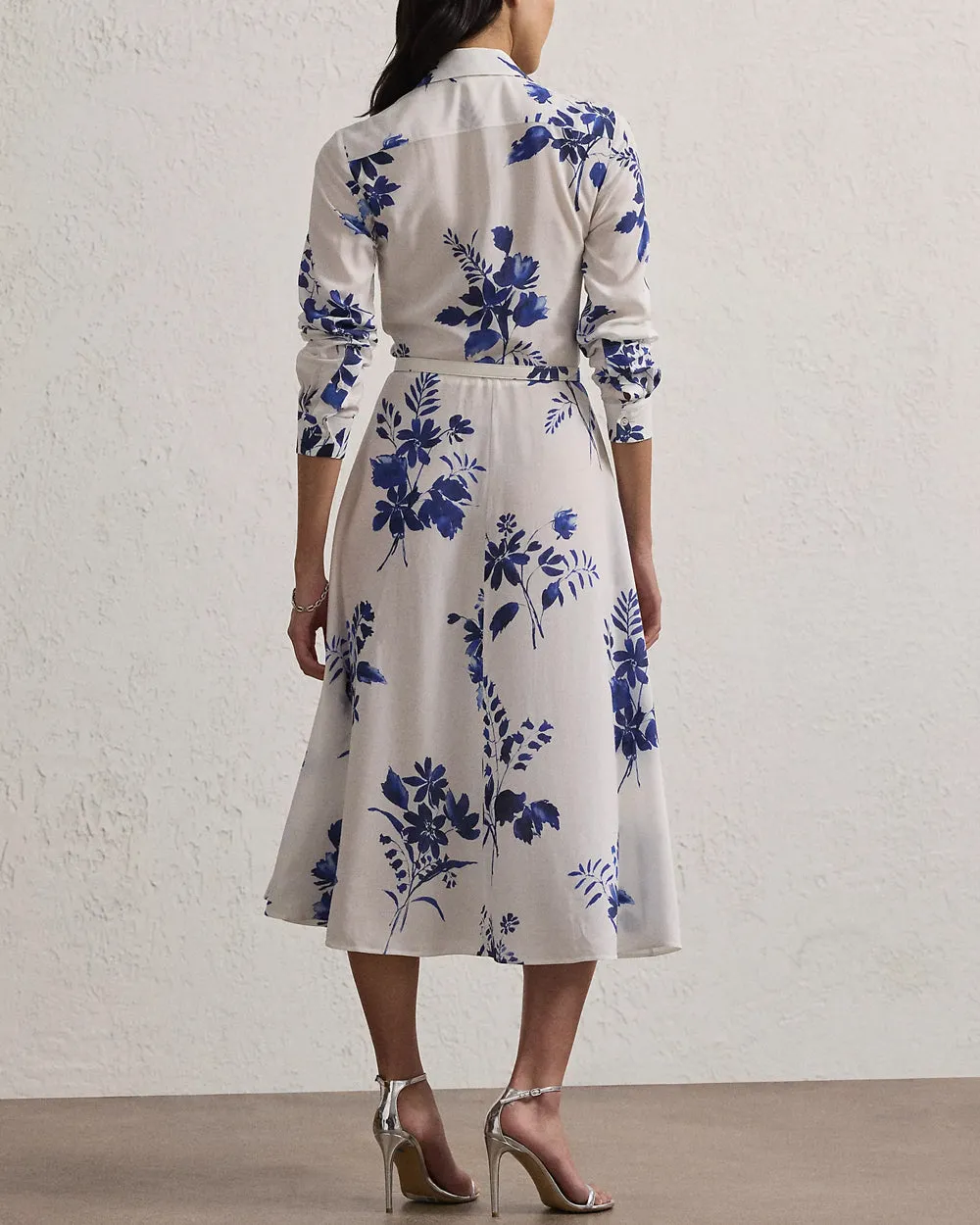 Sapphire and Cream Watercolor Long Sleeve Day Dress