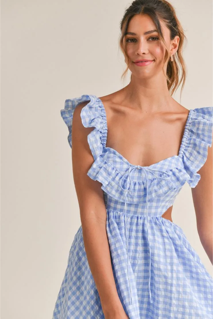 Savannah Blue Gingham Ruffled Mini Sun Dress