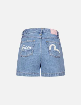 Seagull and Logo Print Fashion Fit Denim Shorts