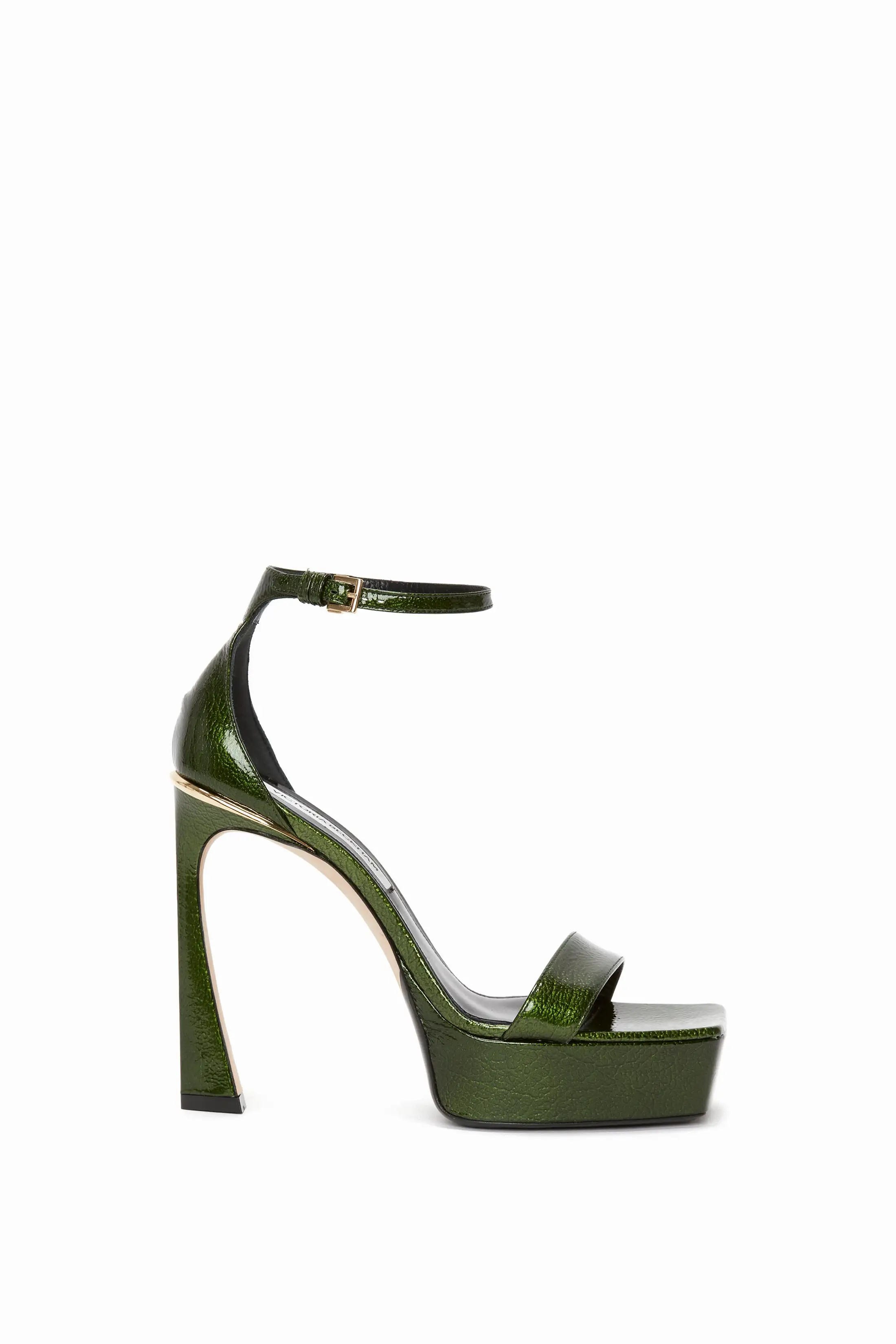 Squared Toe Platform Sandal in Green Grained Patent