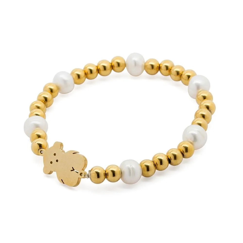 Stainless Steel Gold Plated Pearl Teddy Charm Stretch Bracelet