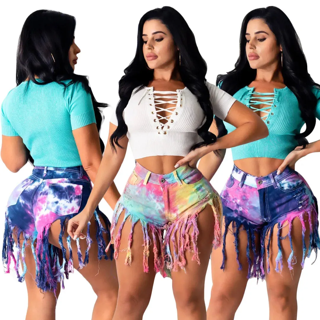 Summer Tie Dye Long Tassel Patchwork Pattern Denim Shorts for Women