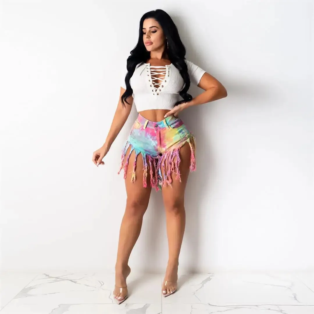 Summer Tie Dye Long Tassel Patchwork Pattern Denim Shorts for Women