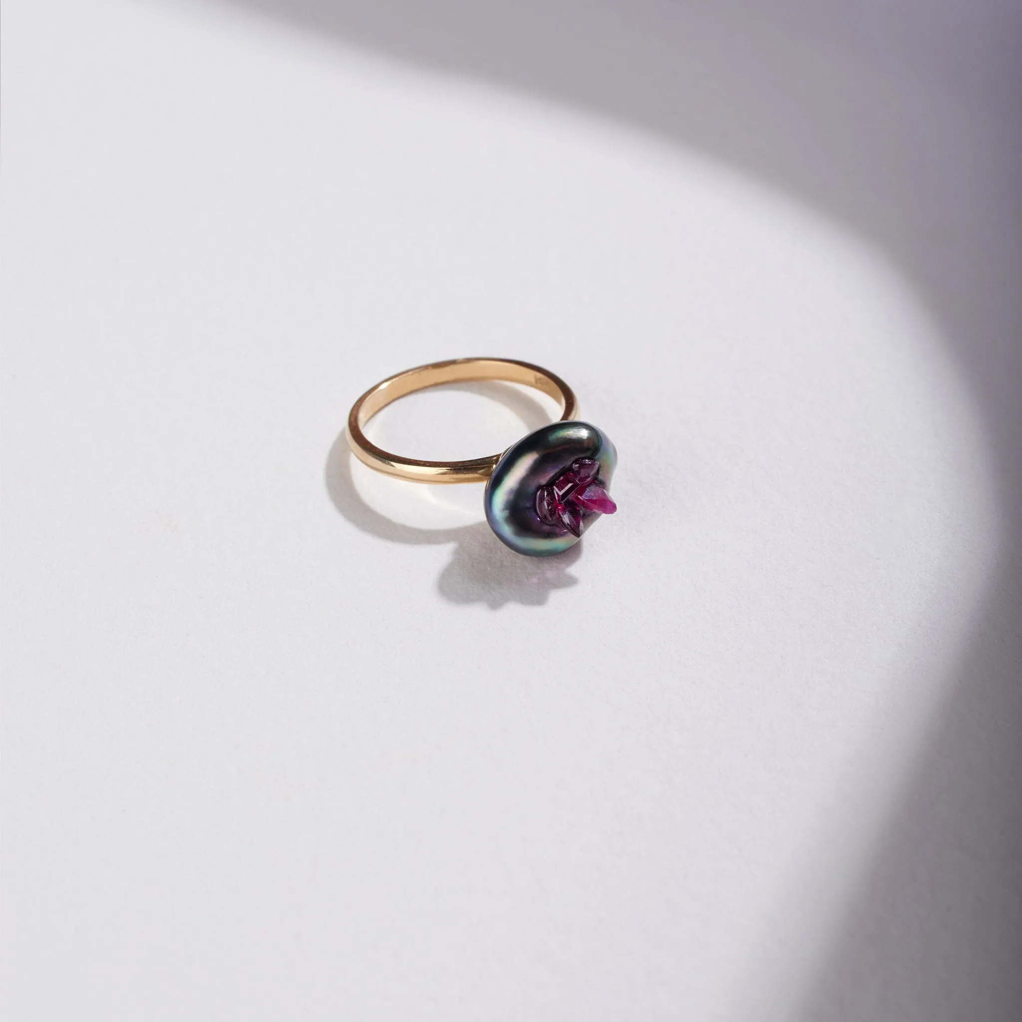 Tahitian Keshi Pearl Point Ring with Rubies