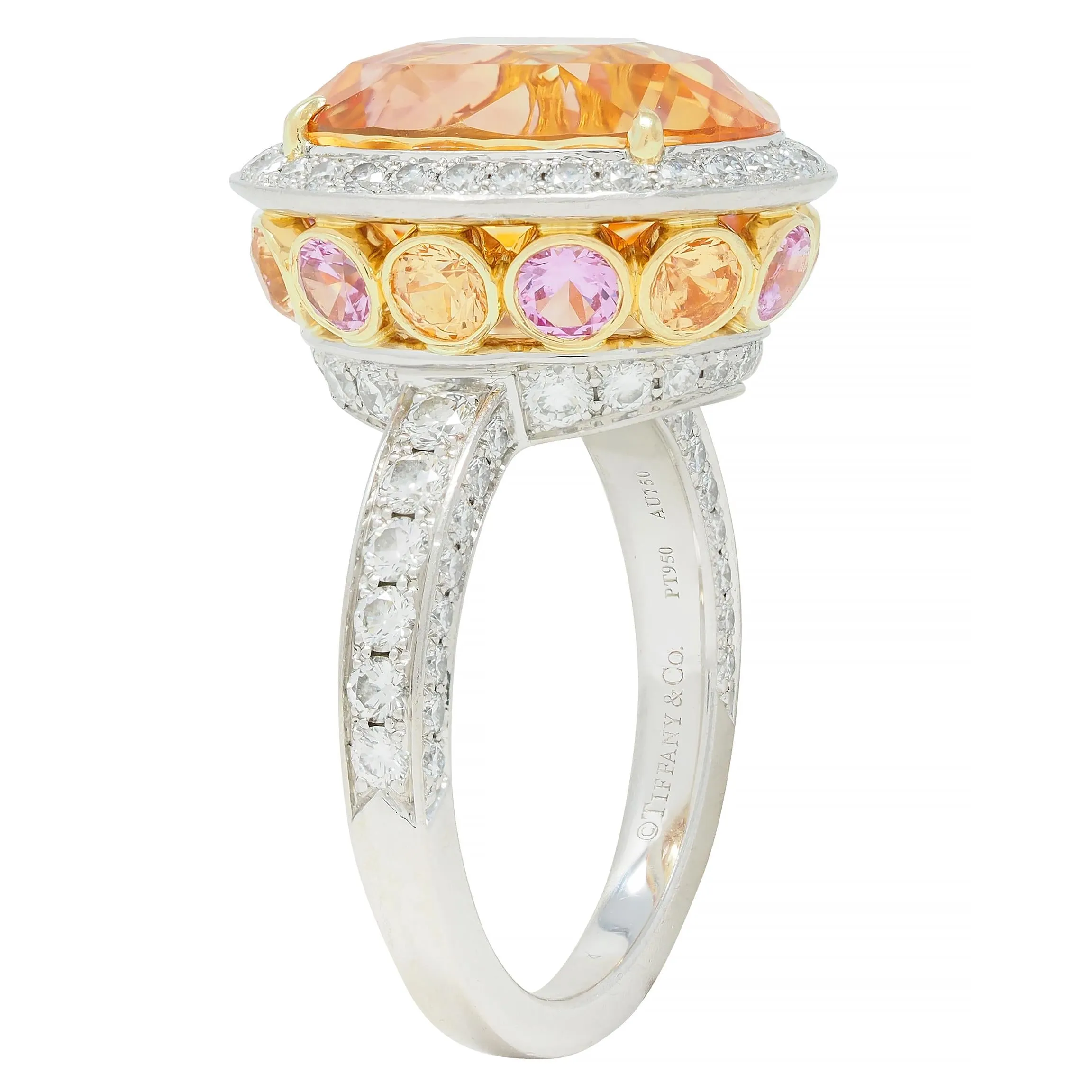 Tiffany & Co. 14.02 CTW No Heat Ceylon Golden & Pink Sapphire Diamond Platinum 18K Contemporary Halo Ring AGL