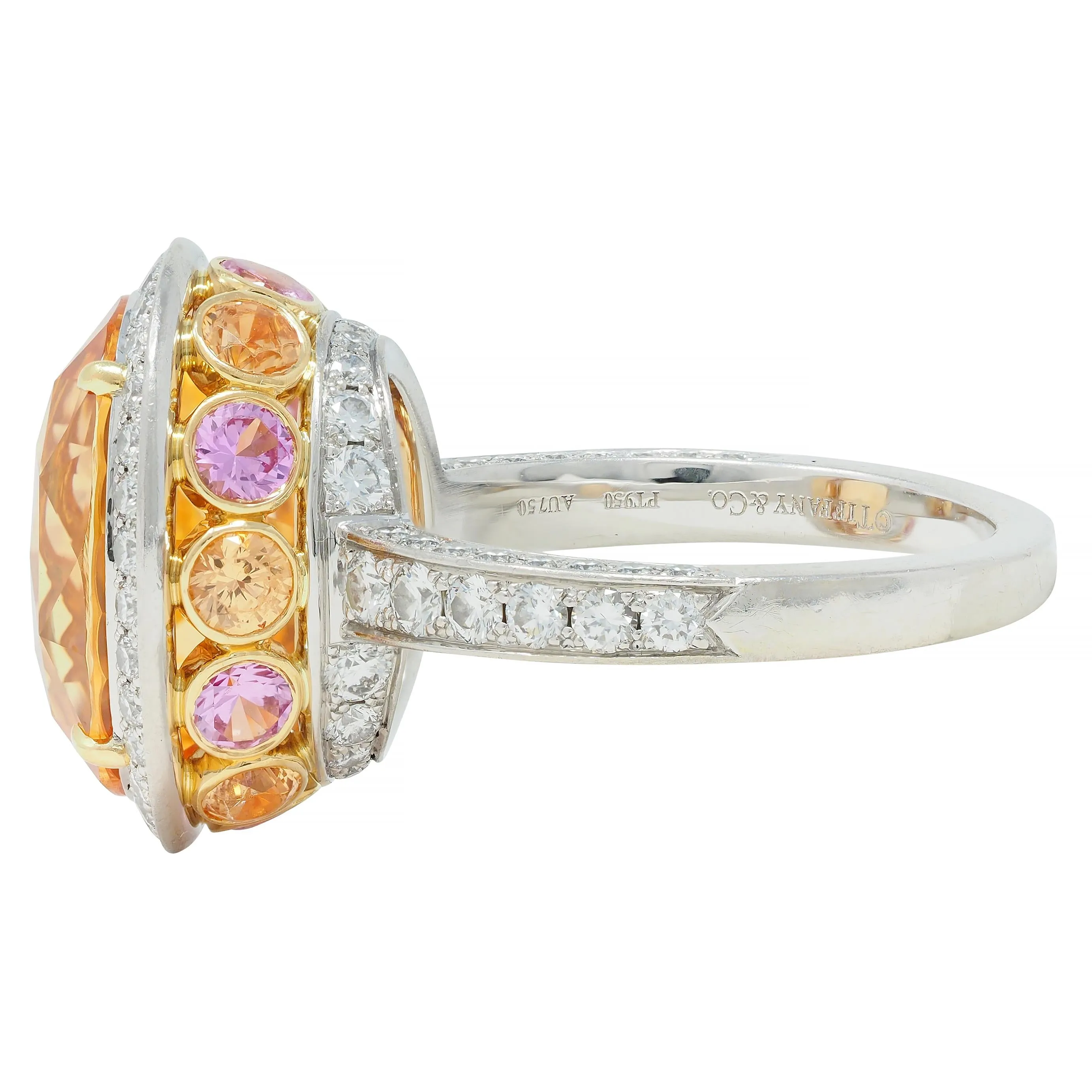 Tiffany & Co. 14.02 CTW No Heat Ceylon Golden & Pink Sapphire Diamond Platinum 18K Contemporary Halo Ring AGL