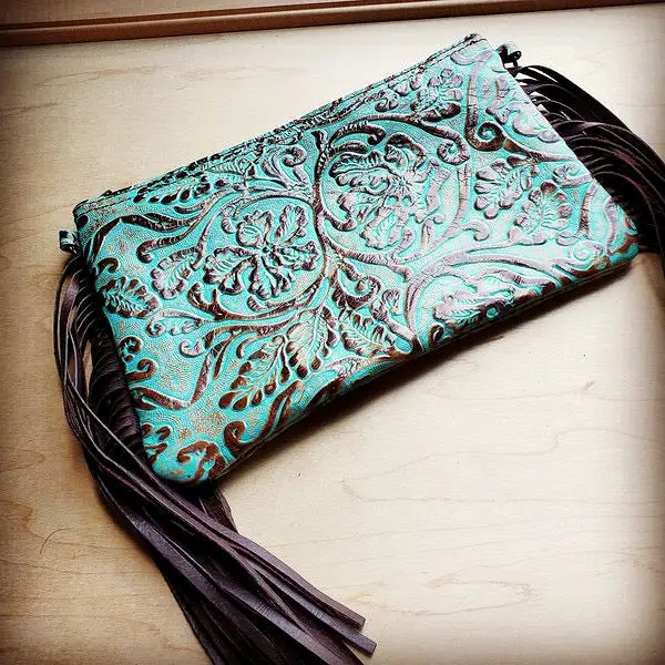 Turquoise Green Brown Embossed Leather Clutch Handbag