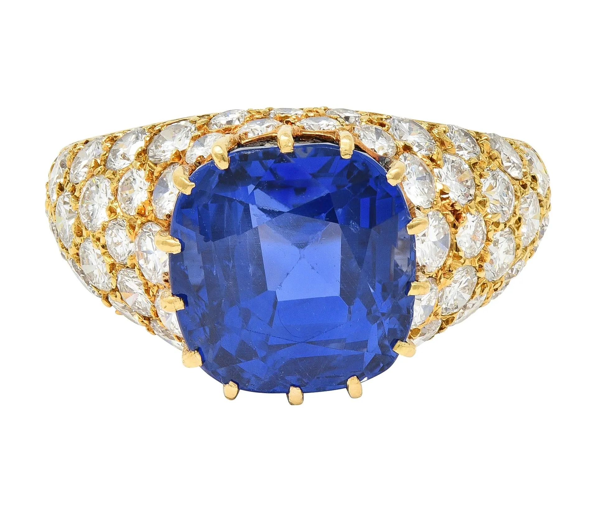 Van Cleef & Arpels French 1980s 12.05 CTW No Heat Ceylon Sapphire Diamond 18 Karat Yellow Gold Ring AGL